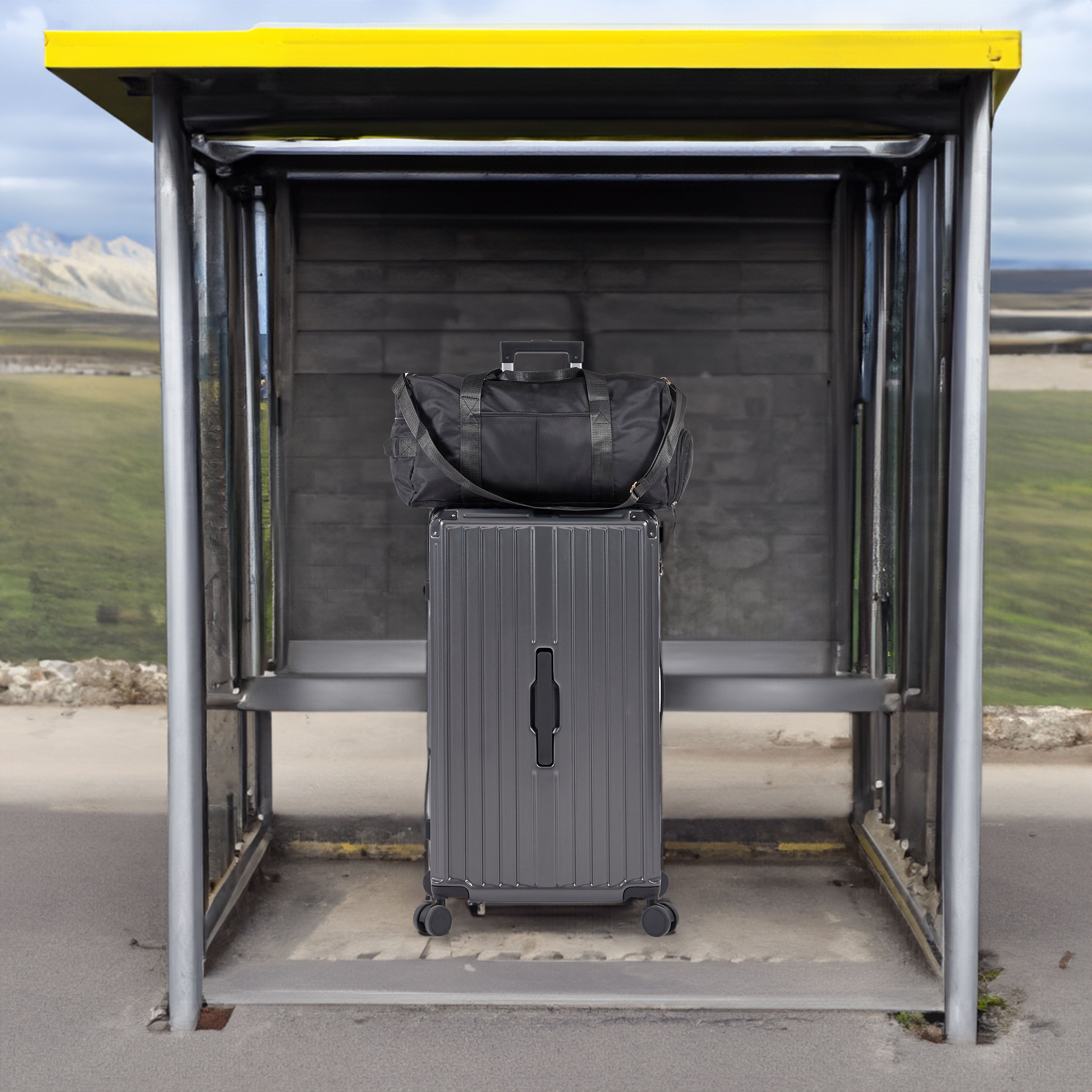 Ensemble de 4 valises (50, 61, 73, 74 cm, sac de voyage), valises légères et résistantes en PC et ABS avec porte-gobelet pliable, serrure TSA, gris