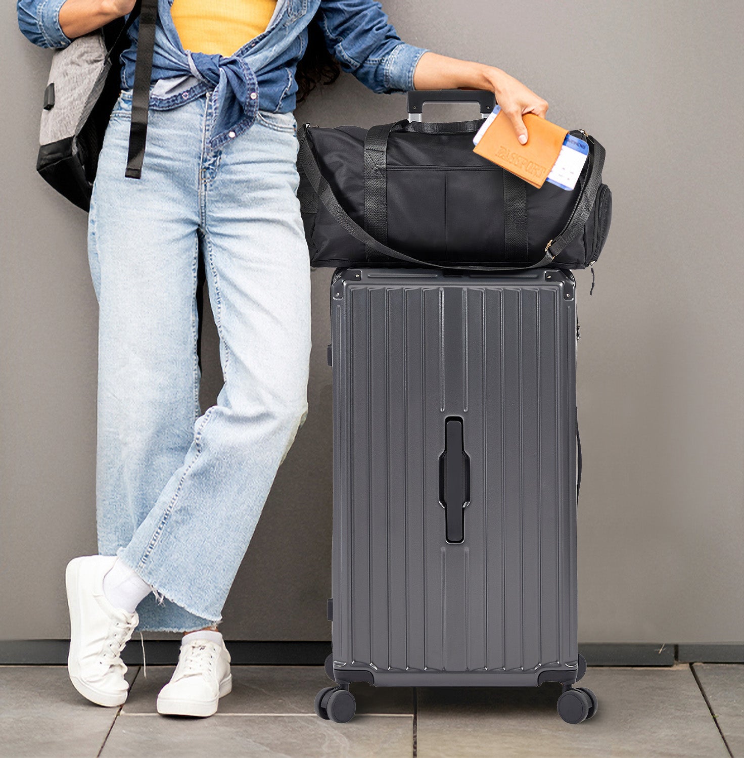 Ensemble de 4 valises (50, 61, 73, 74 cm, sac de voyage), valises légères et résistantes en PC et ABS avec porte-gobelet pliable, serrure TSA, gris