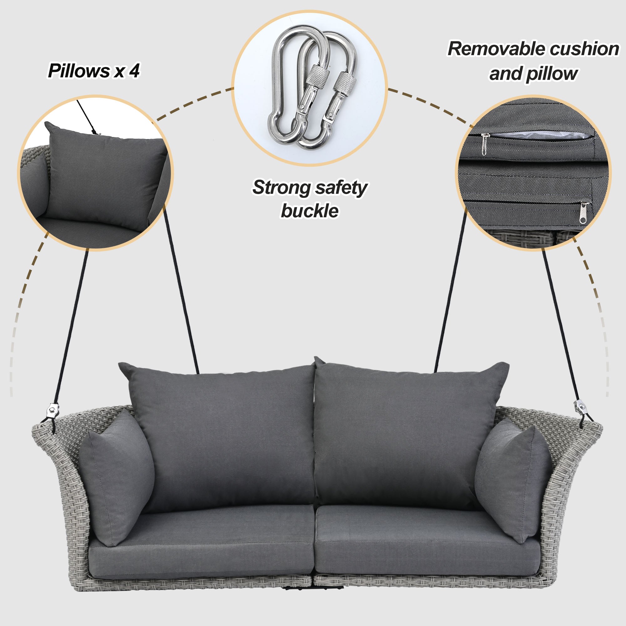 Siège suspendu GO 51,9" pour 2 personnes, balancelle en rotin tressé, balançoire de porche avec cordes, osier gris et coussin