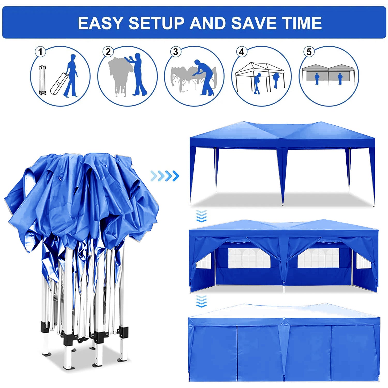 Auvent pliable de 10'x20' avec 6 parois latérales amovibles, abris d'activités de plein air, tente portable de terrasse UPF 50+ (bleu)