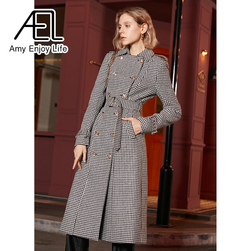 Manteau long d'hiver en laine pour femme, style trench-coat rétro pied-de-poule