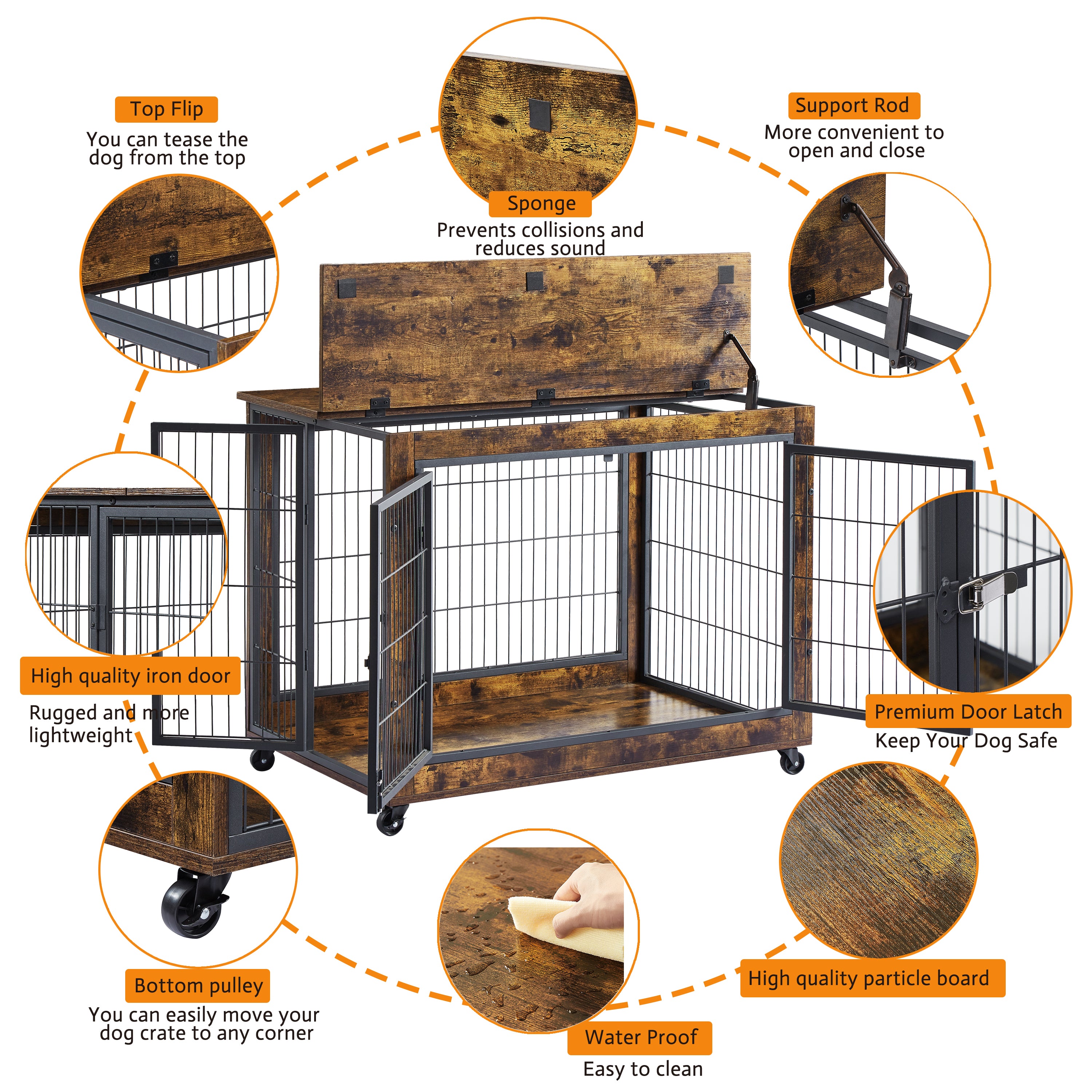 Cage pour chien avec portes doubles, brun rustique, 98 cm de largeur x 64 cm de profondeur x 69 cm de hauteur