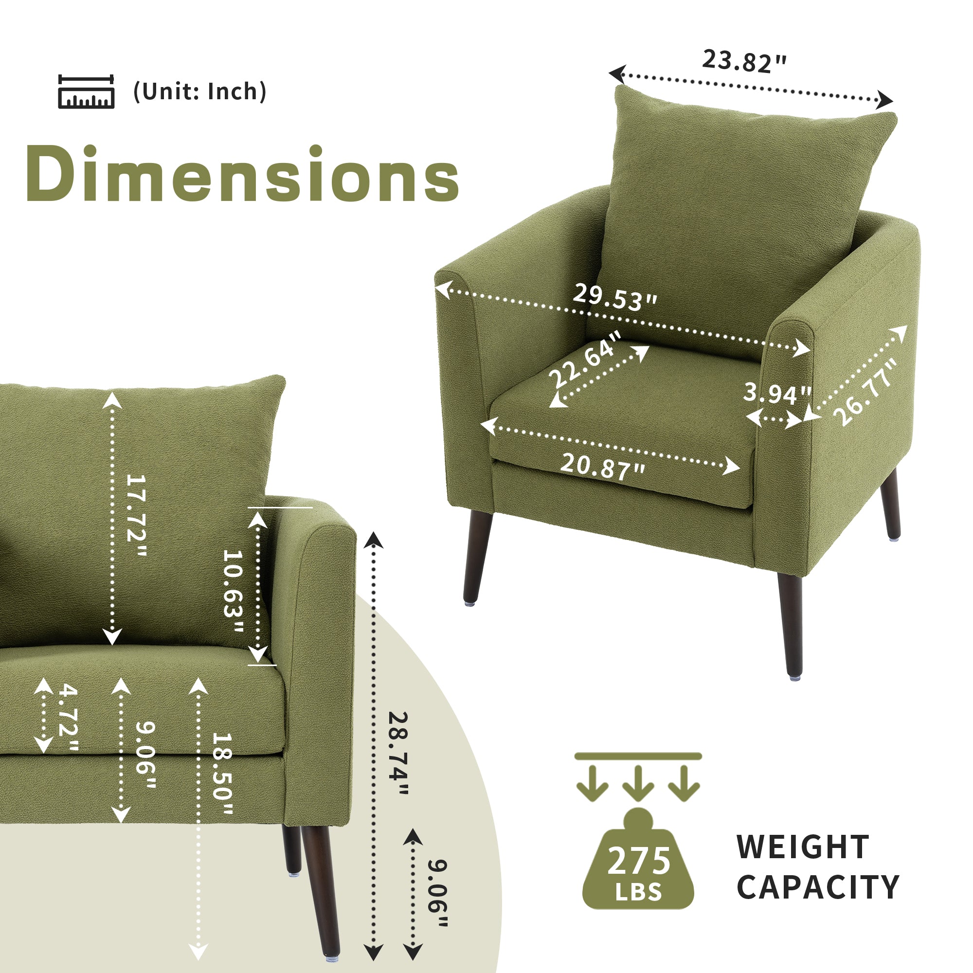Chaise tonneau, chaise de style moderne, fauteuil en tissu, fauteuil club, fauteuil avec coussin de jambe en bois massif, coussin de taille vert olive