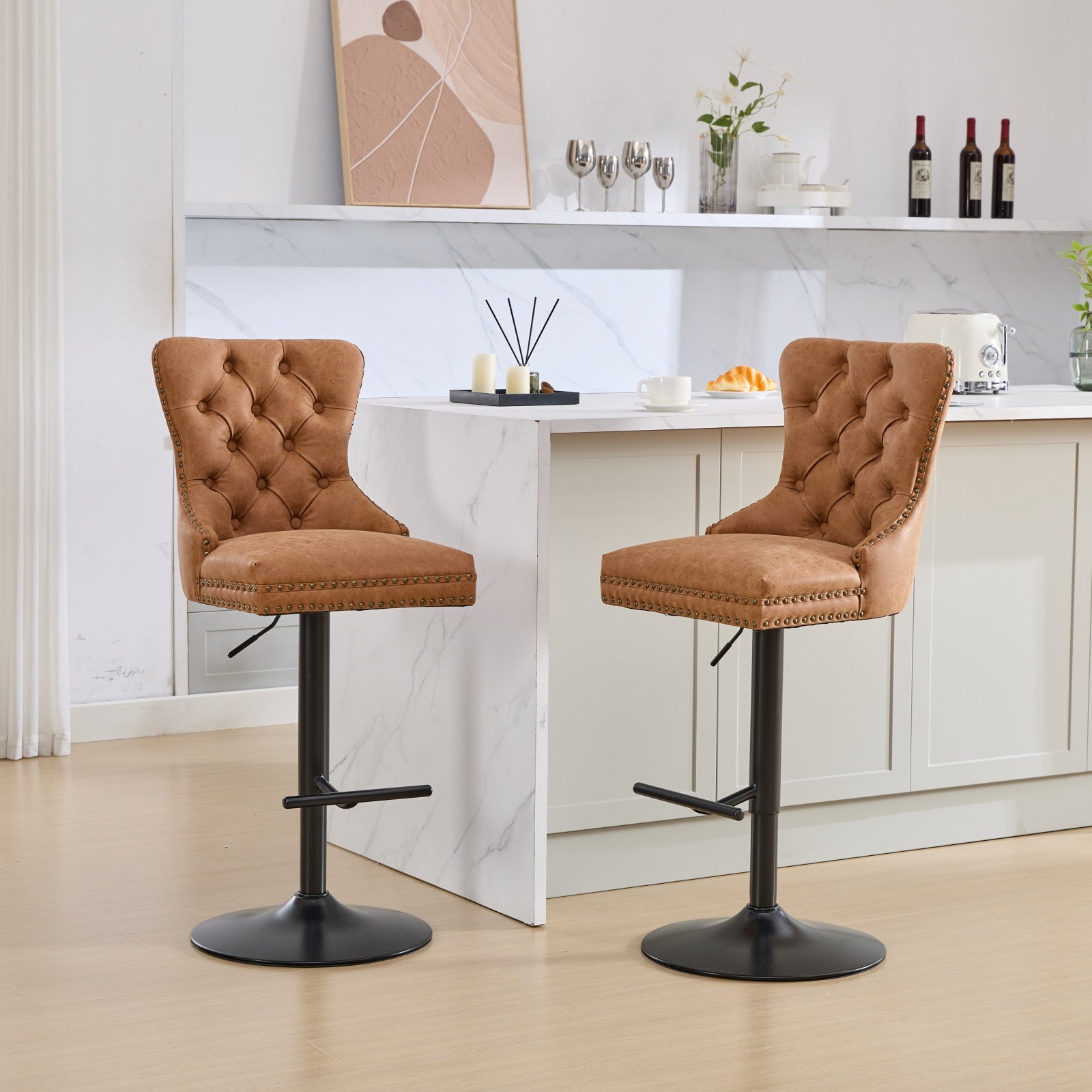 Tabouret de bar rotatif vintage en PU, hauteur d'assise réglable de 25 à 33 pouces, tabouret de bar moderne (orange, ensemble de 2 pièces)