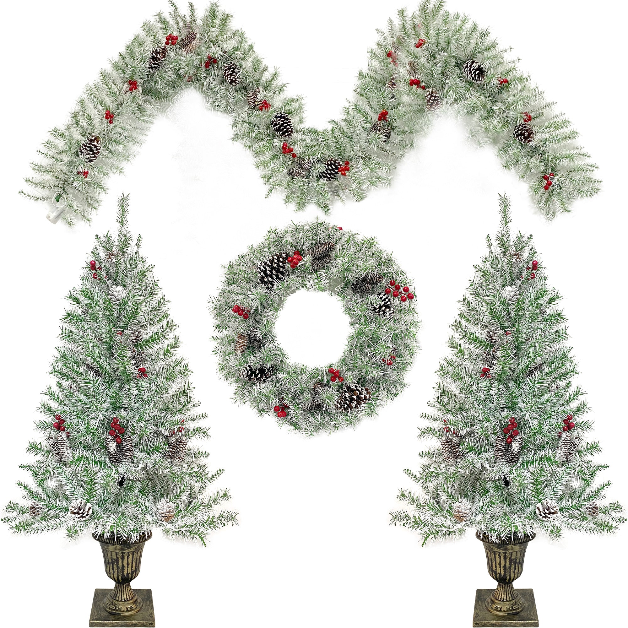 Sapin de Noël artificiel pré-éclairé, ensemble de 4 pièces, guirlande, couronne et ensemble de 2 arbres d'entrée de Noël