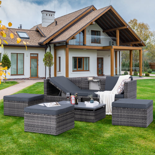 Mobilier de jardin, mobilier d'extérieur, mobilier saisonnier en osier PE, ensemble de 5 meubles en osier avec table basse en contreplaqué