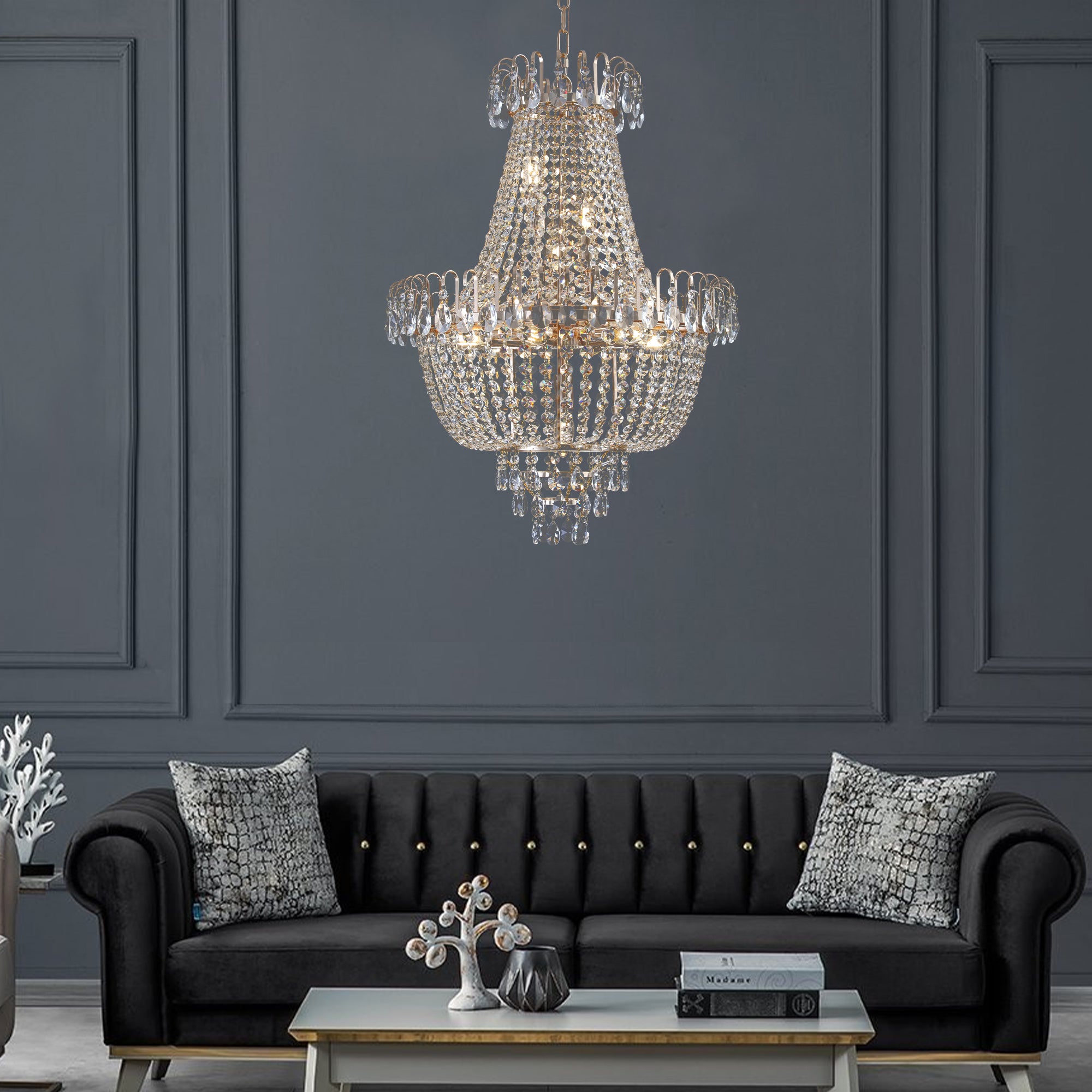 Suspension en cristal doré, grand éclairage de plafond de luxe moderne (sans ampoules)