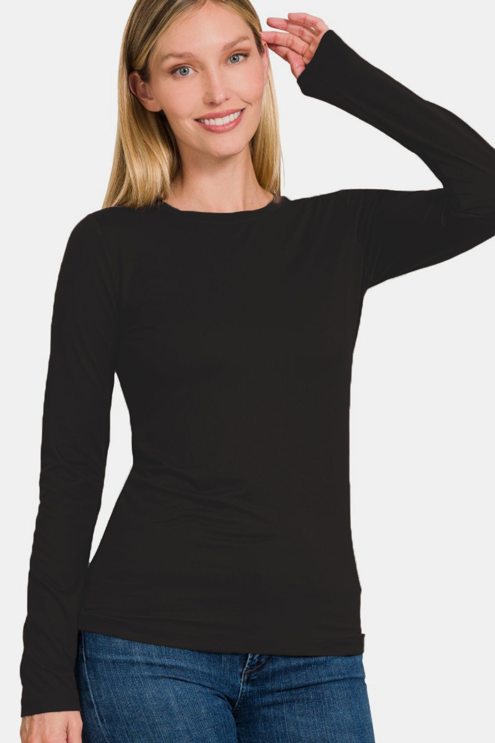 T-shirt Zenana à manches longues et col rond en microfibre brossée, taille unique