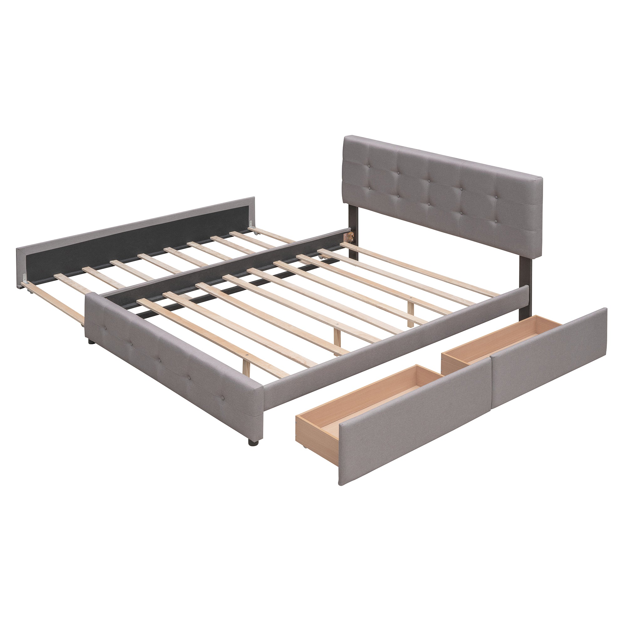Lit plateforme rembourré avec 2 tiroirs et 1 lit gigogne simple XL en tissu lin, taille Queen - Gris clair