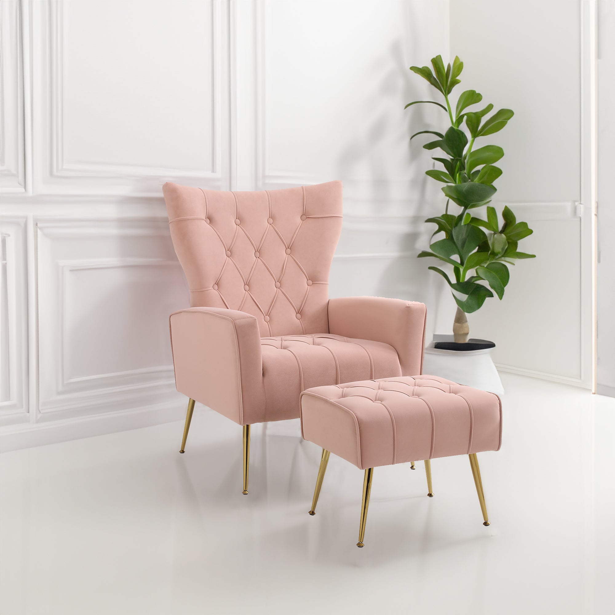 Modern Accent Chair with Ottoman, Comfy Armchair for Living Room Bedroom Apartment Office (Pink)