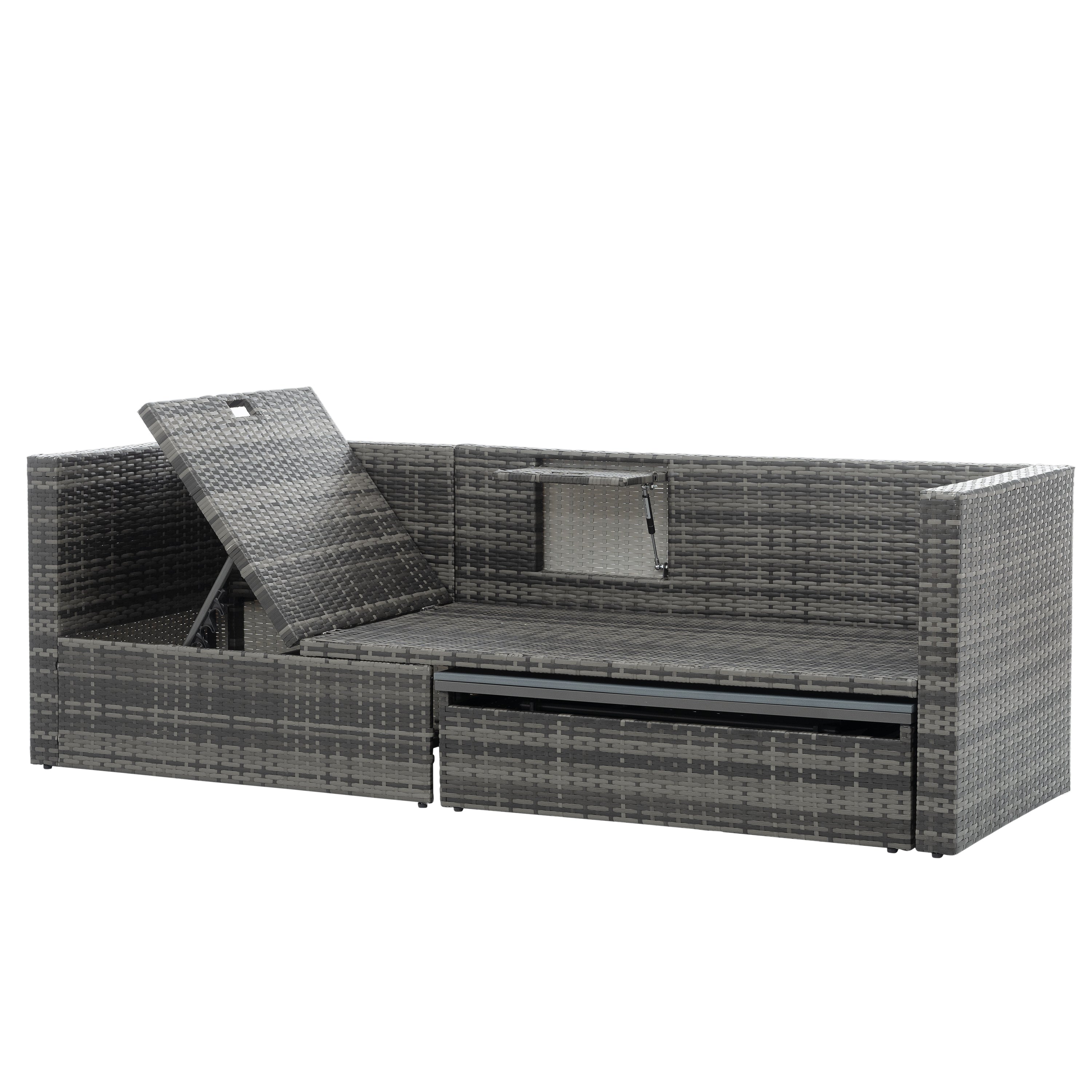 Mobilier de jardin, mobilier d'extérieur, mobilier saisonnier en osier PE, ensemble de 5 meubles en osier avec table basse en contreplaqué