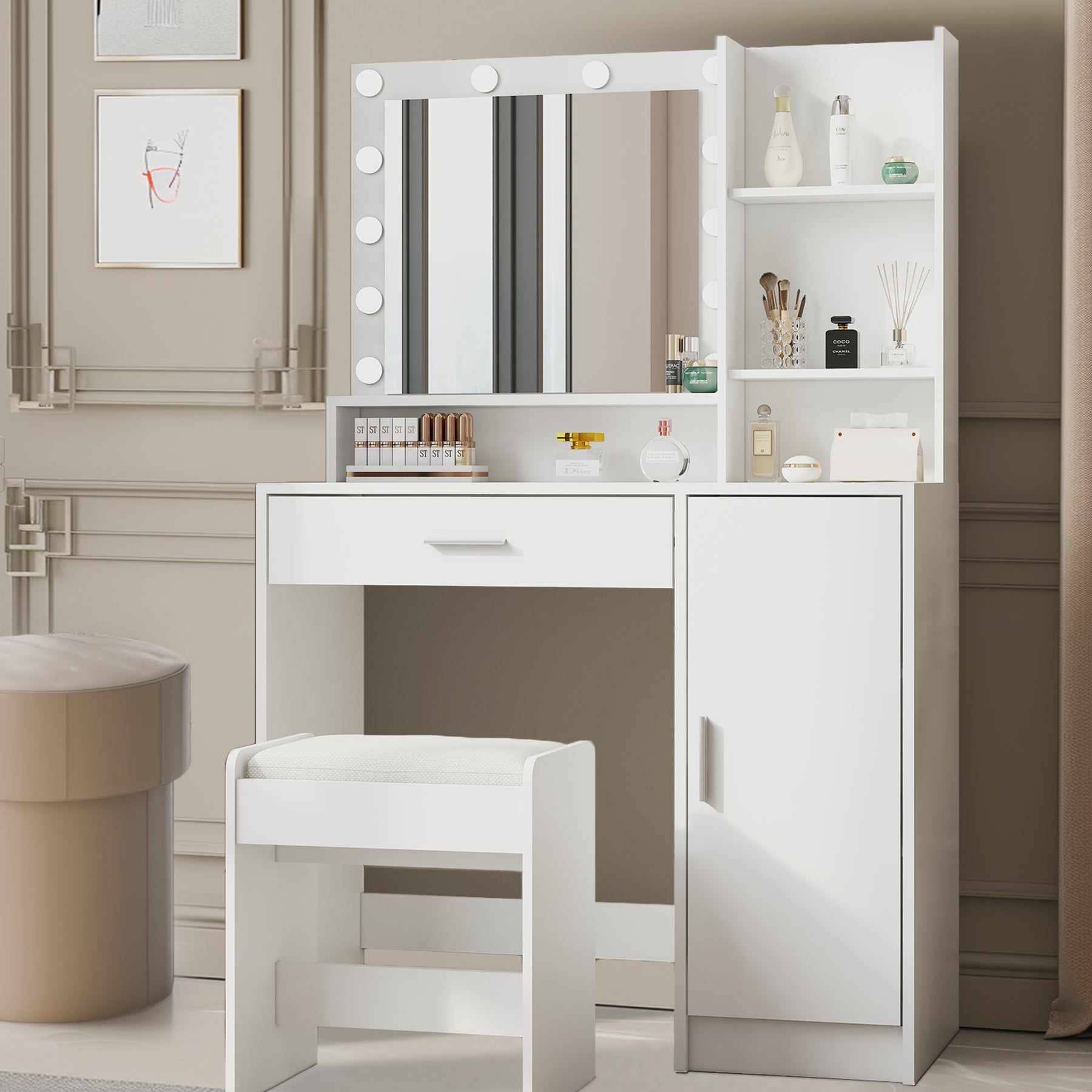 Grand tiroir avec miroir et lumière, meuble de rangement à trois niveaux, luminosité réglable pour 3 modes d'éclairage (blanc avec tabouret)