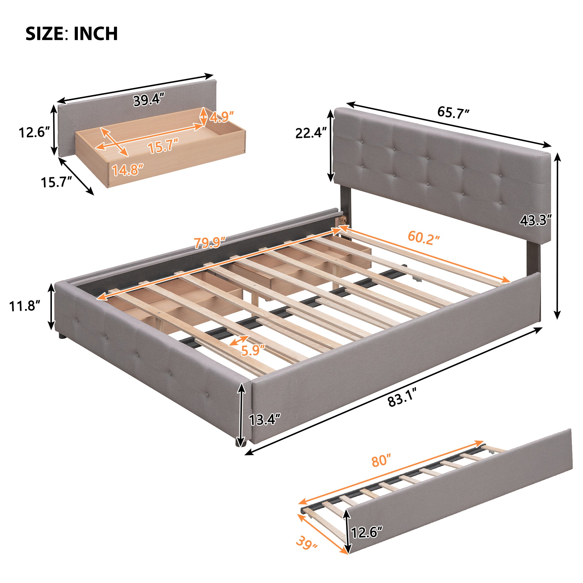 Lit plateforme rembourré avec 2 tiroirs et 1 lit gigogne simple XL en tissu lin, taille Queen - Gris clair