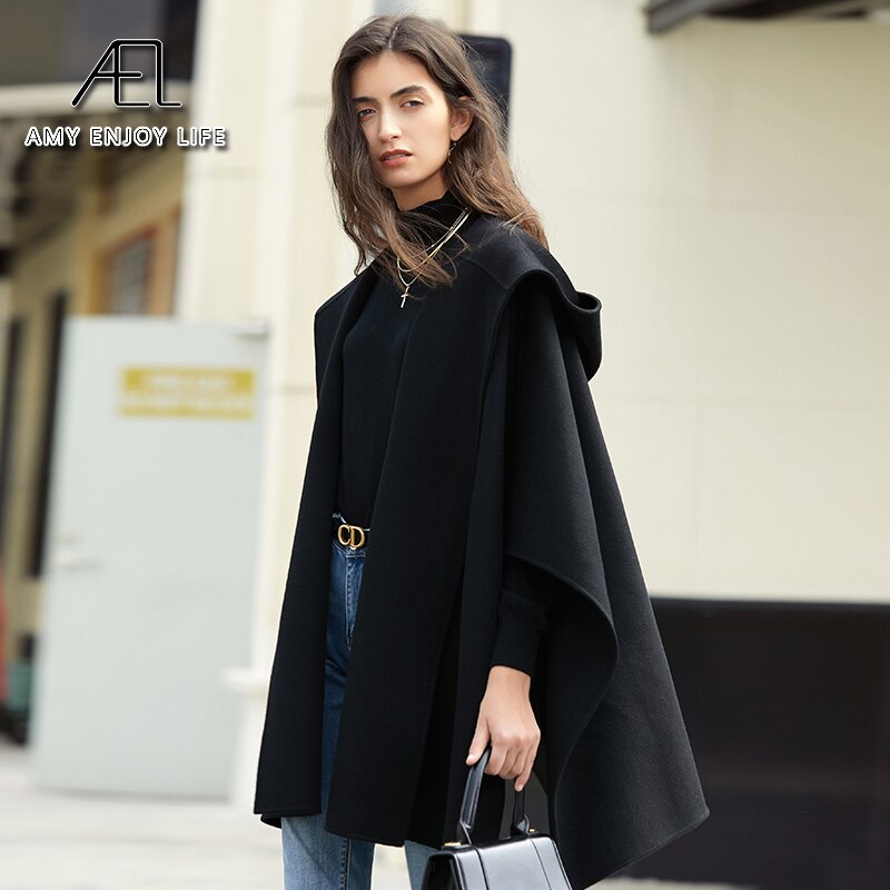 Poncho en laine au design original et personnalisé, idéal pour la photographie de rue, nouveau manteau court à capuche pour femme en automne et en hiver