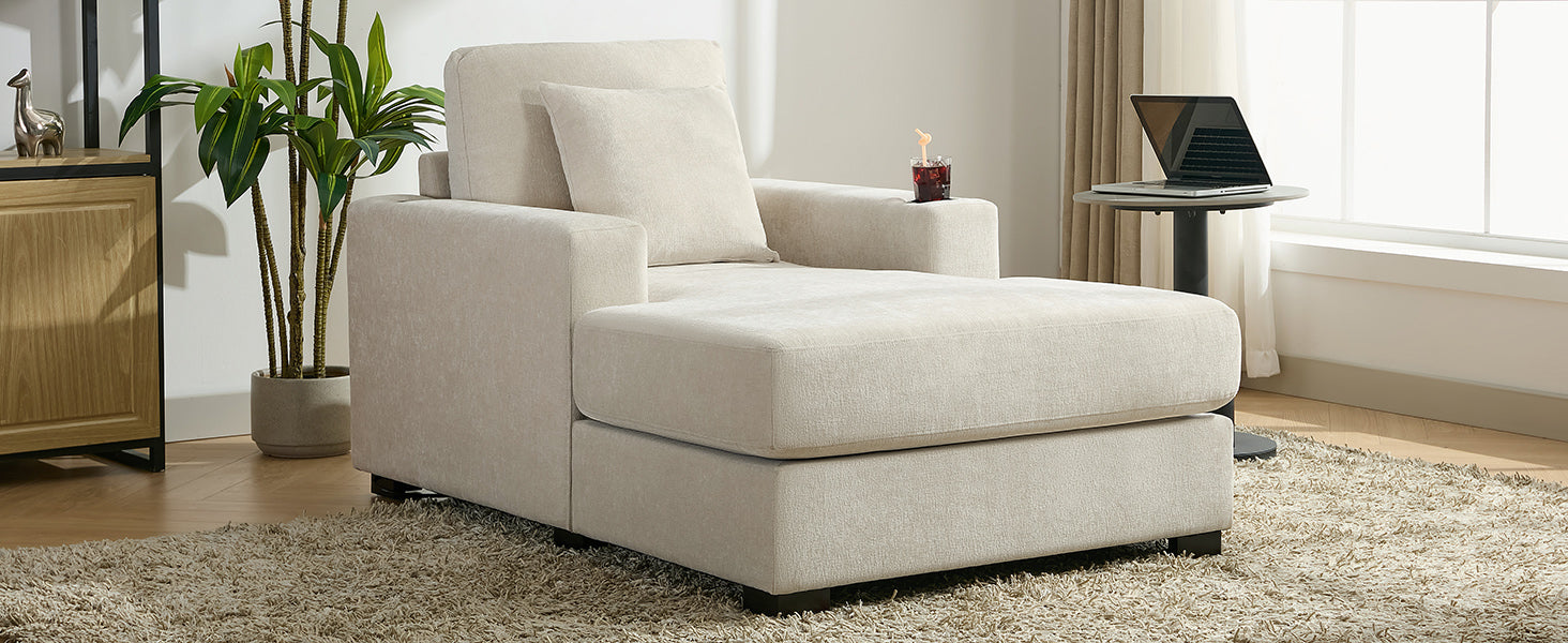 Canapé-lit surdimensionné de 100 cm, style moderne, avec coussins, station de charge et porte-gobelets, tissu chenille, couleur crème