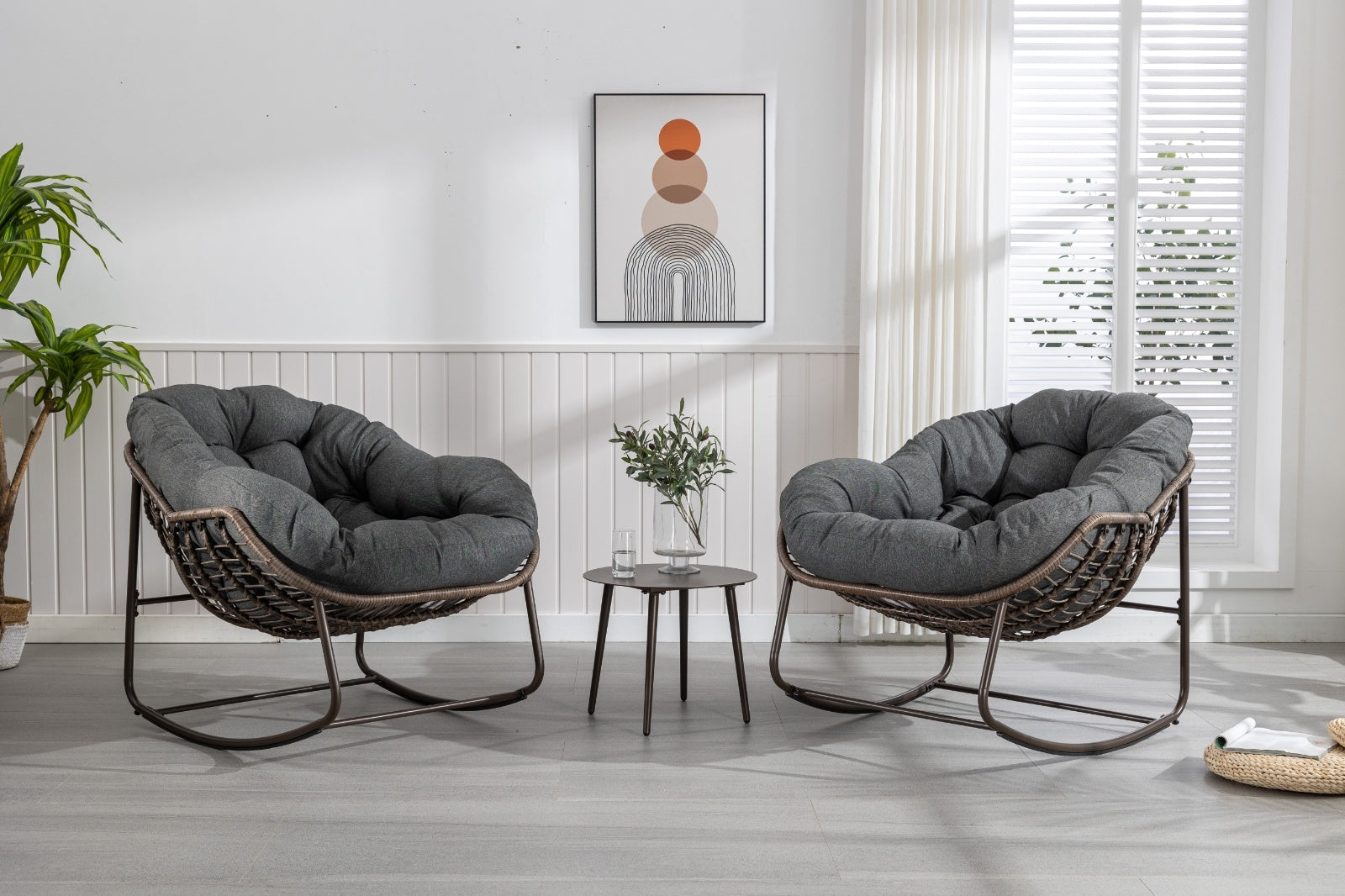 Outdoor Rattan Rocking Chair With Padded Cushion For Porch And Living Room