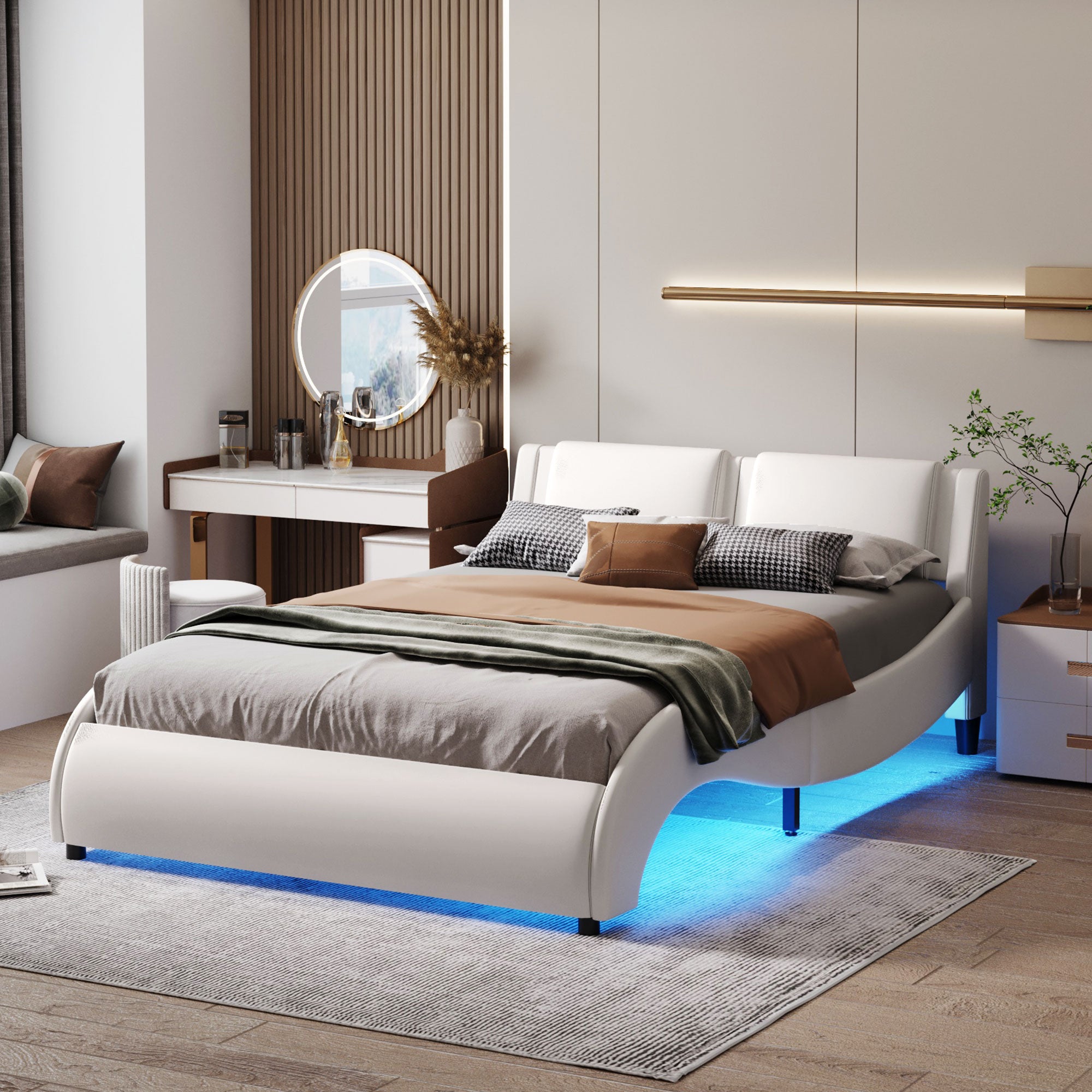 Lit plateforme rembourré en similicuir avec éclairage LED et cadre de lit à lattes - Blanc