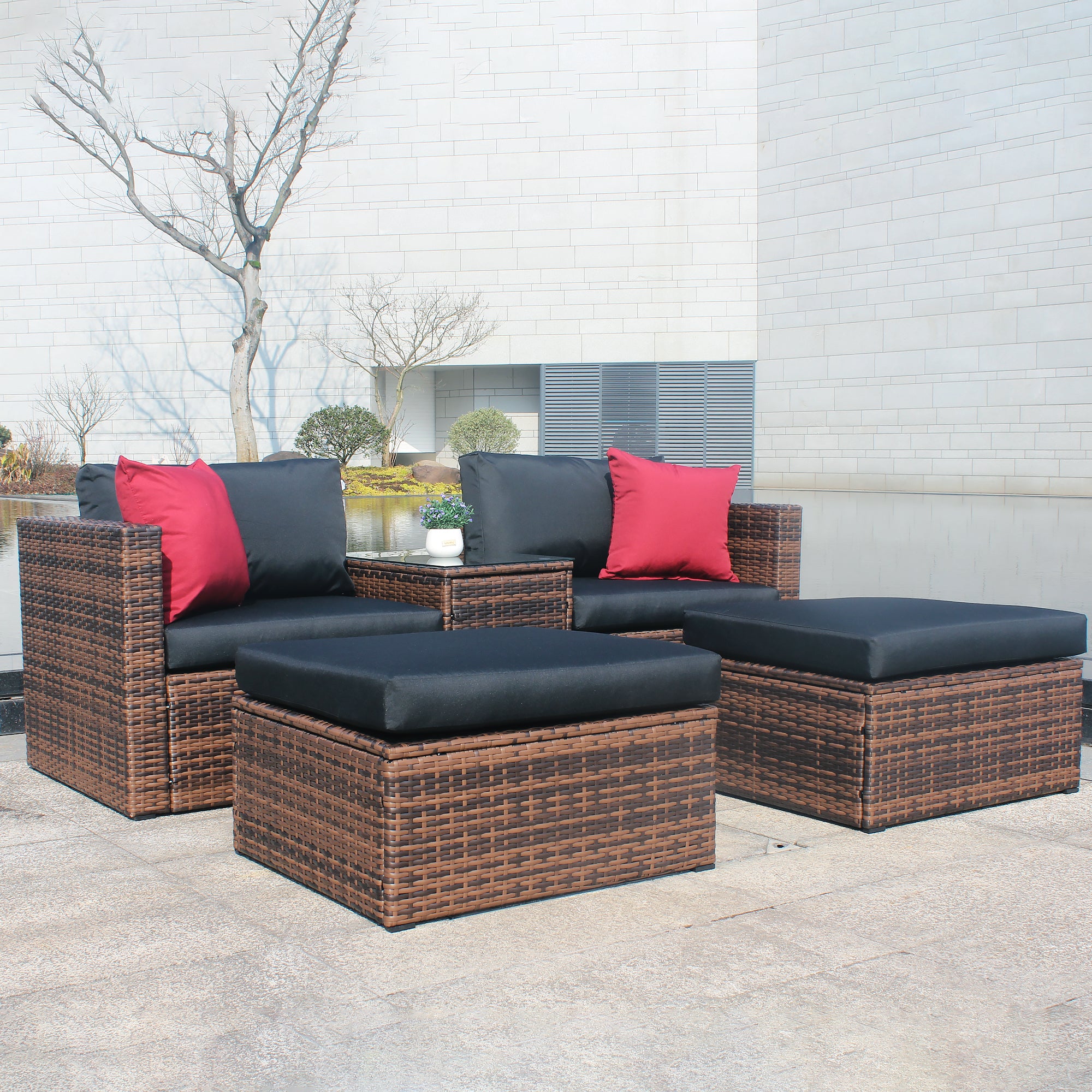 Ensemble de 5 canapés d'angle en osier marron pour jardin et terrasse