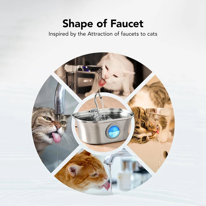 Fontaine à eau pour chat 3,2 L avec fenêtre de niveau d'eau, fontaine à eau automatique en acier inoxydable pour animaux de compagnie, distributeur d'eau pour chien, USB durable