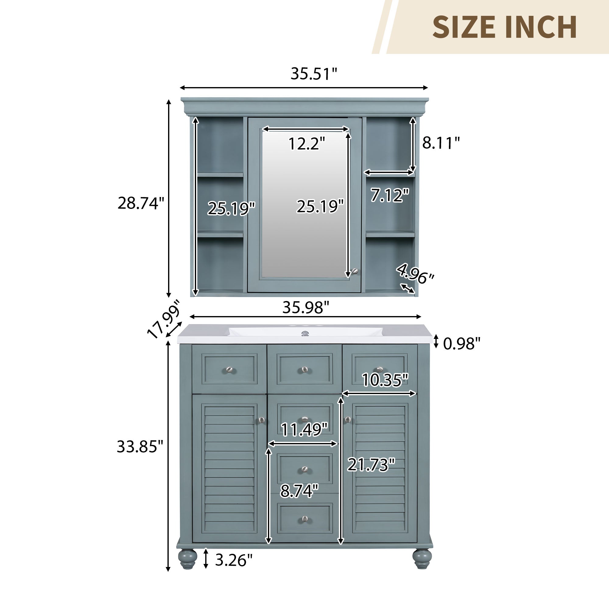 Armoire à miroir moderne de 36 pouces avec étagères réglables, 2 portes à fermeture douce et 6 organisateurs de portes d'armoire de rangement à tiroirs