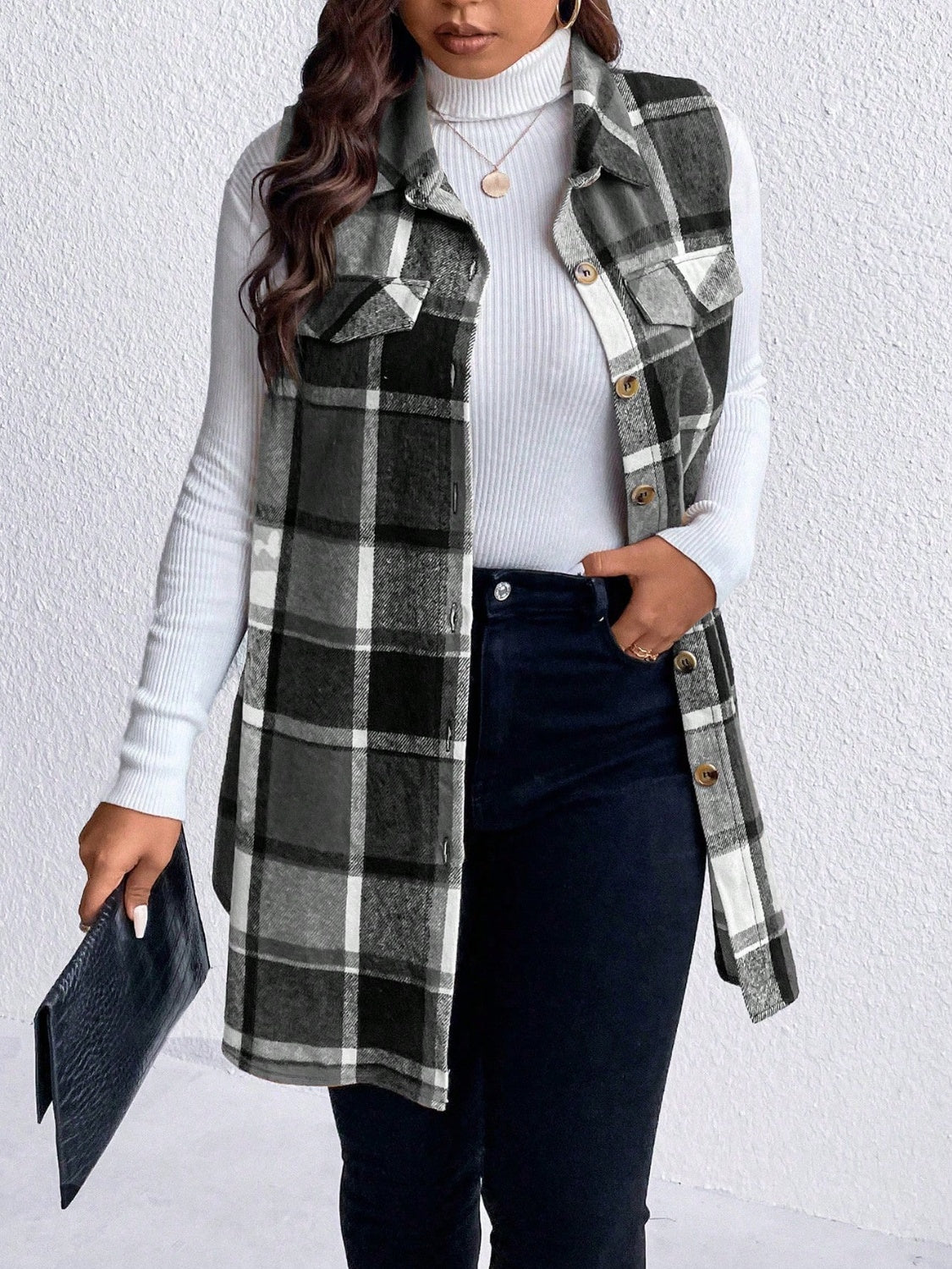 Manteau sans manches boutonné à carreaux et poches Honey grande taille