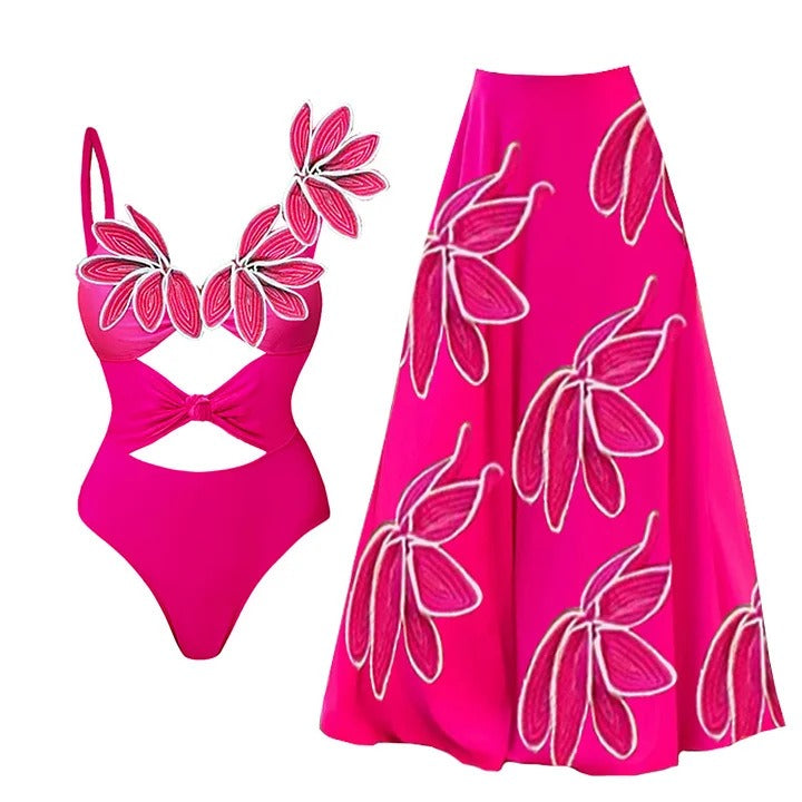 European and American swimwear new petal decoration fluorescent one piece swimsuit suit