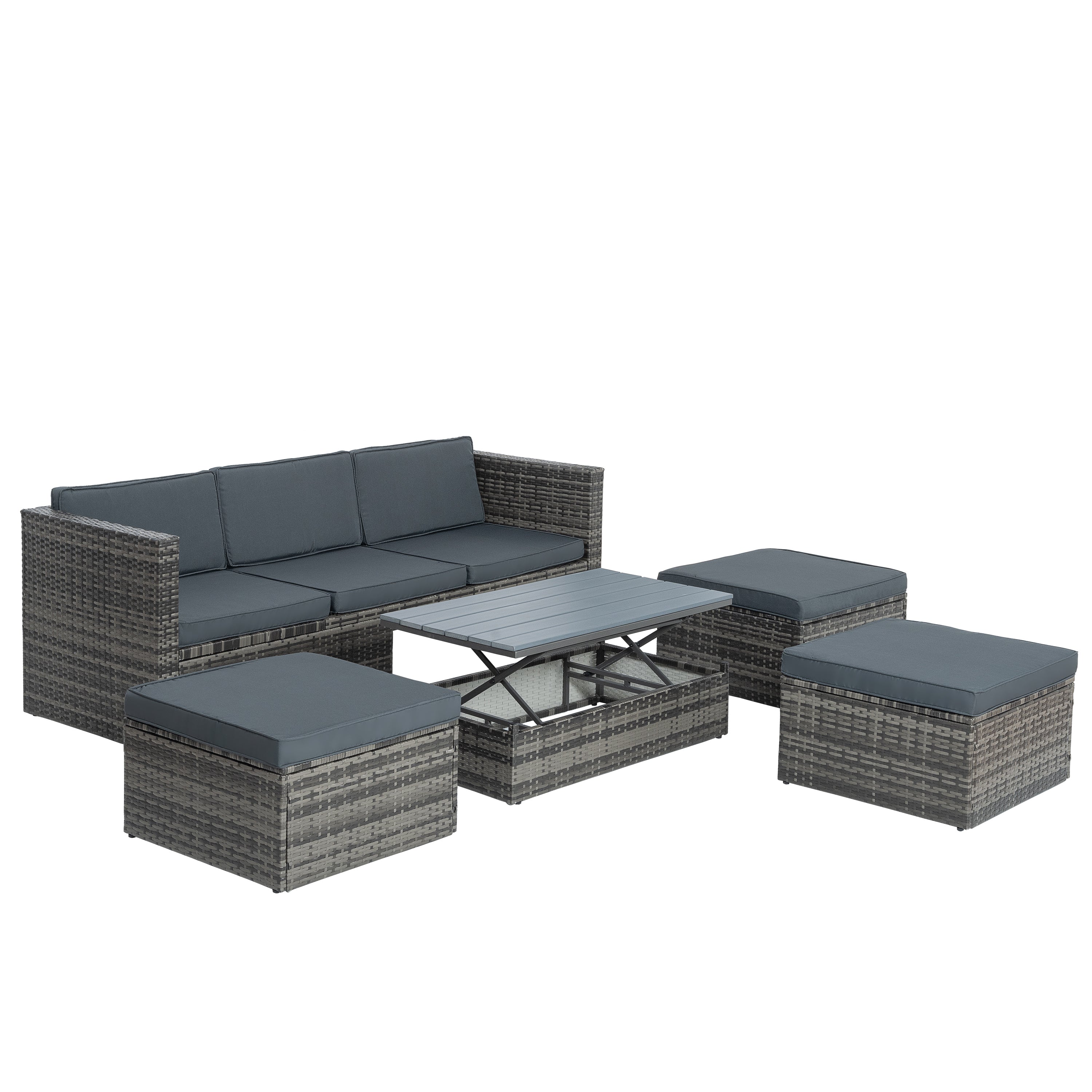 Mobilier de jardin, mobilier d'extérieur, mobilier saisonnier en osier PE, ensemble de 5 meubles en osier avec table basse en contreplaqué