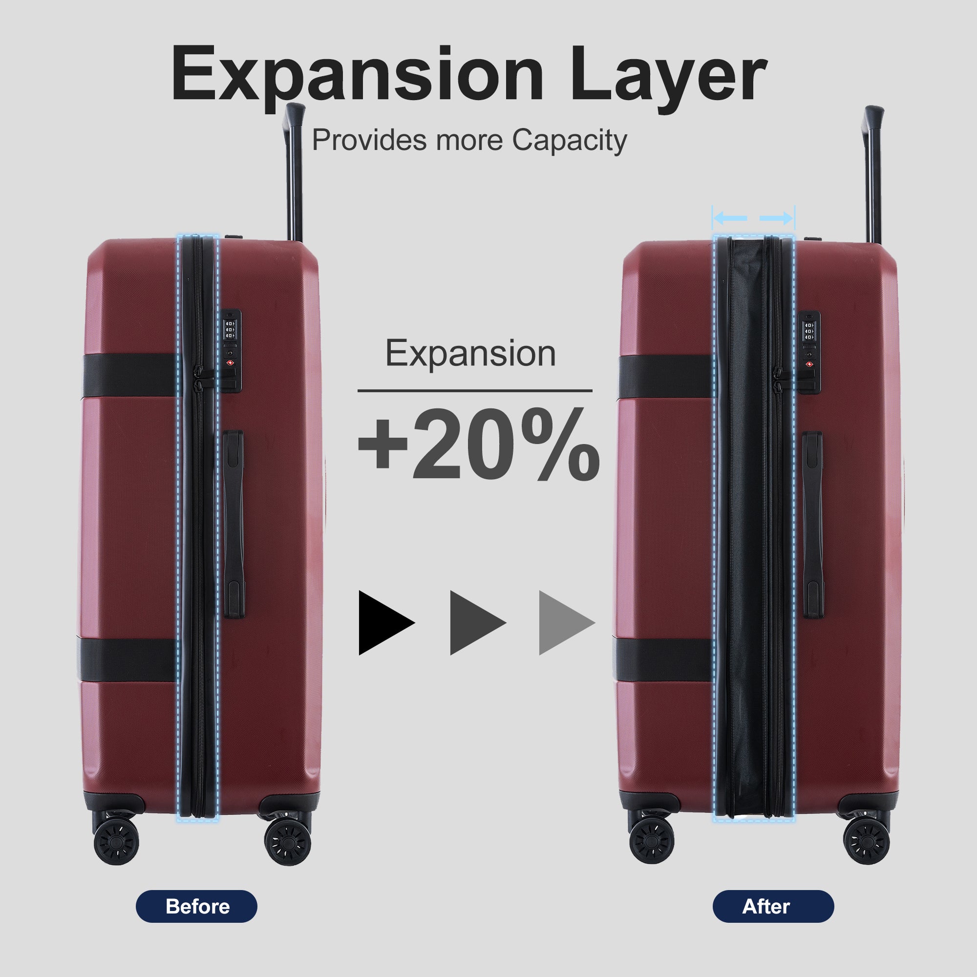Ensemble de bagages extensibles, nouveau modèle, ABS et PC, 3 pièces, avec roulettes pivotantes, serrure TSA légère (20/24/28), rouge