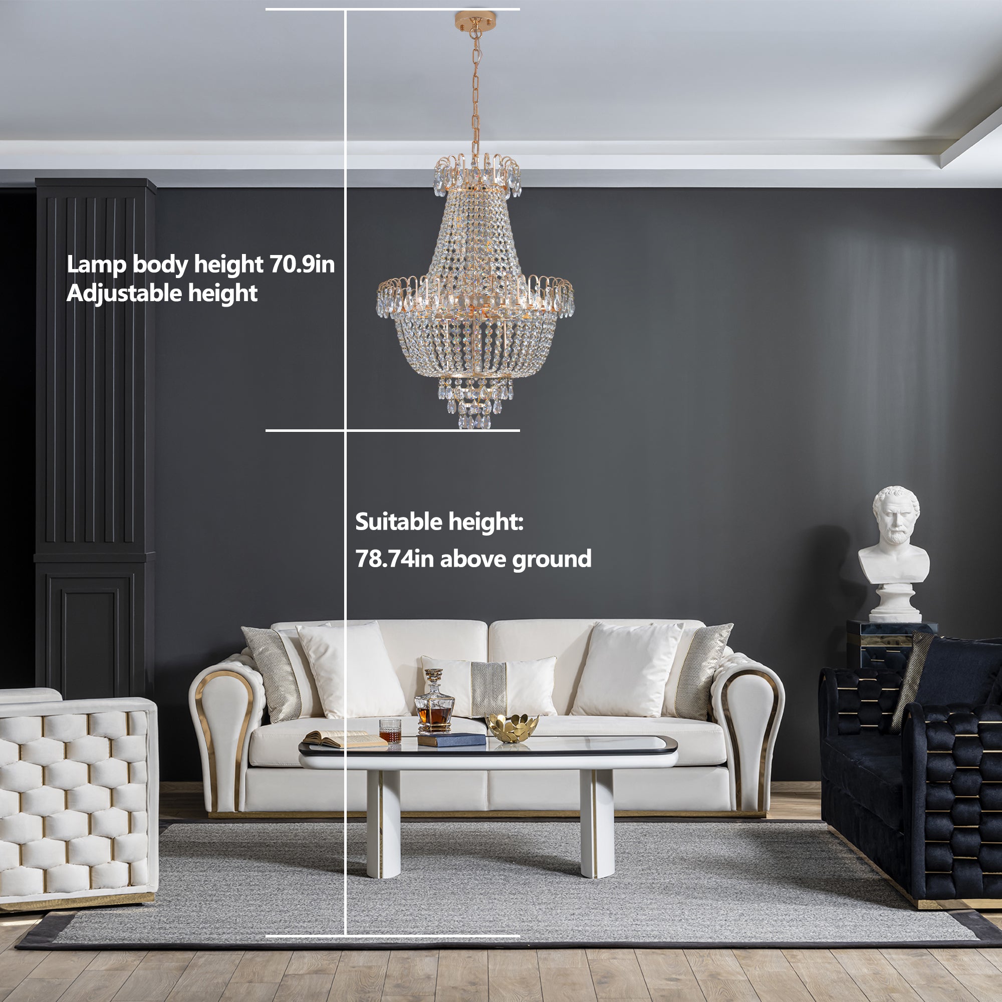 Suspension en cristal doré, grand éclairage de plafond de luxe moderne (sans ampoules)