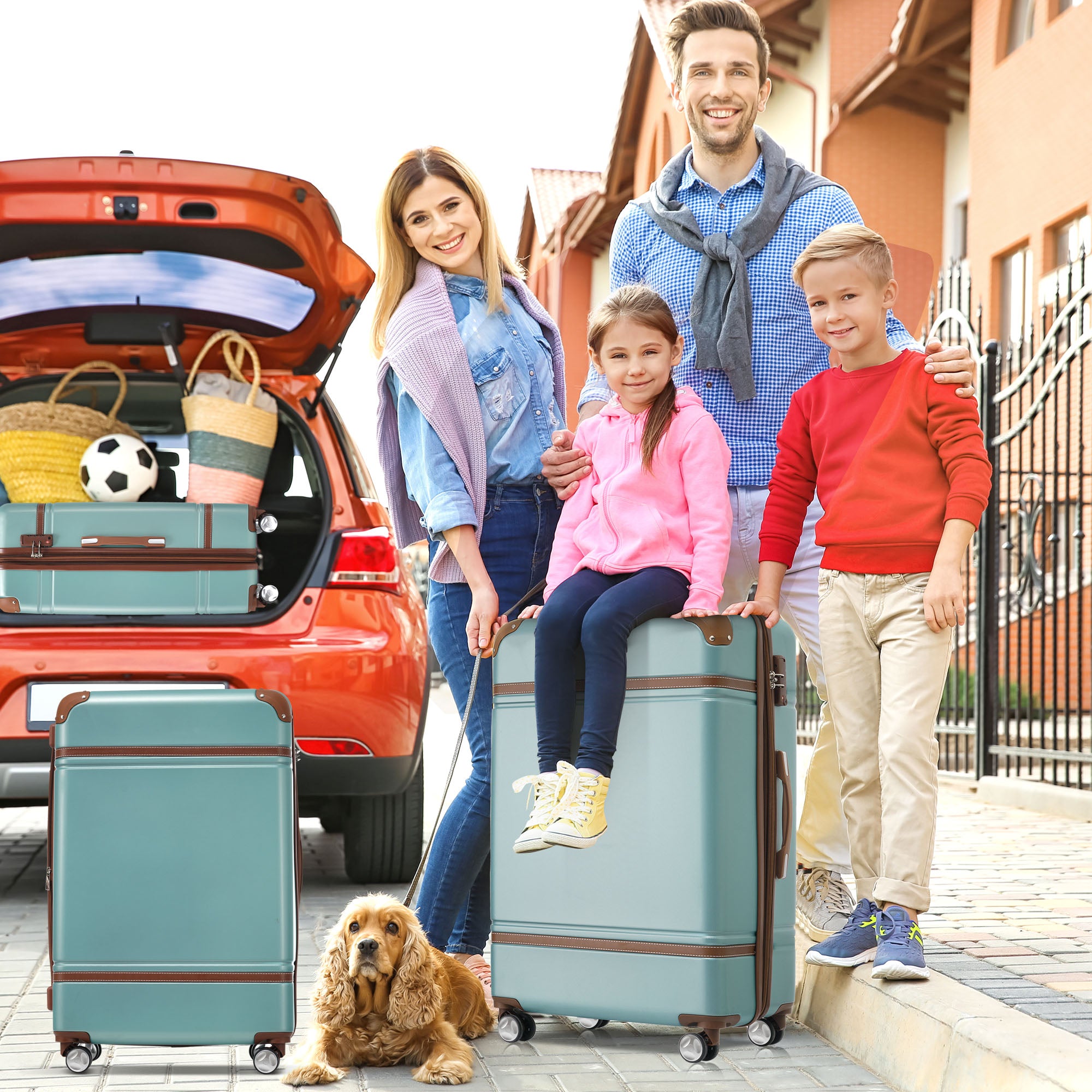 Ensemble de 3 valises rigides 20" + 28" avec trousse de maquillage, valise à roulettes avec serrure TSA, légère et verte