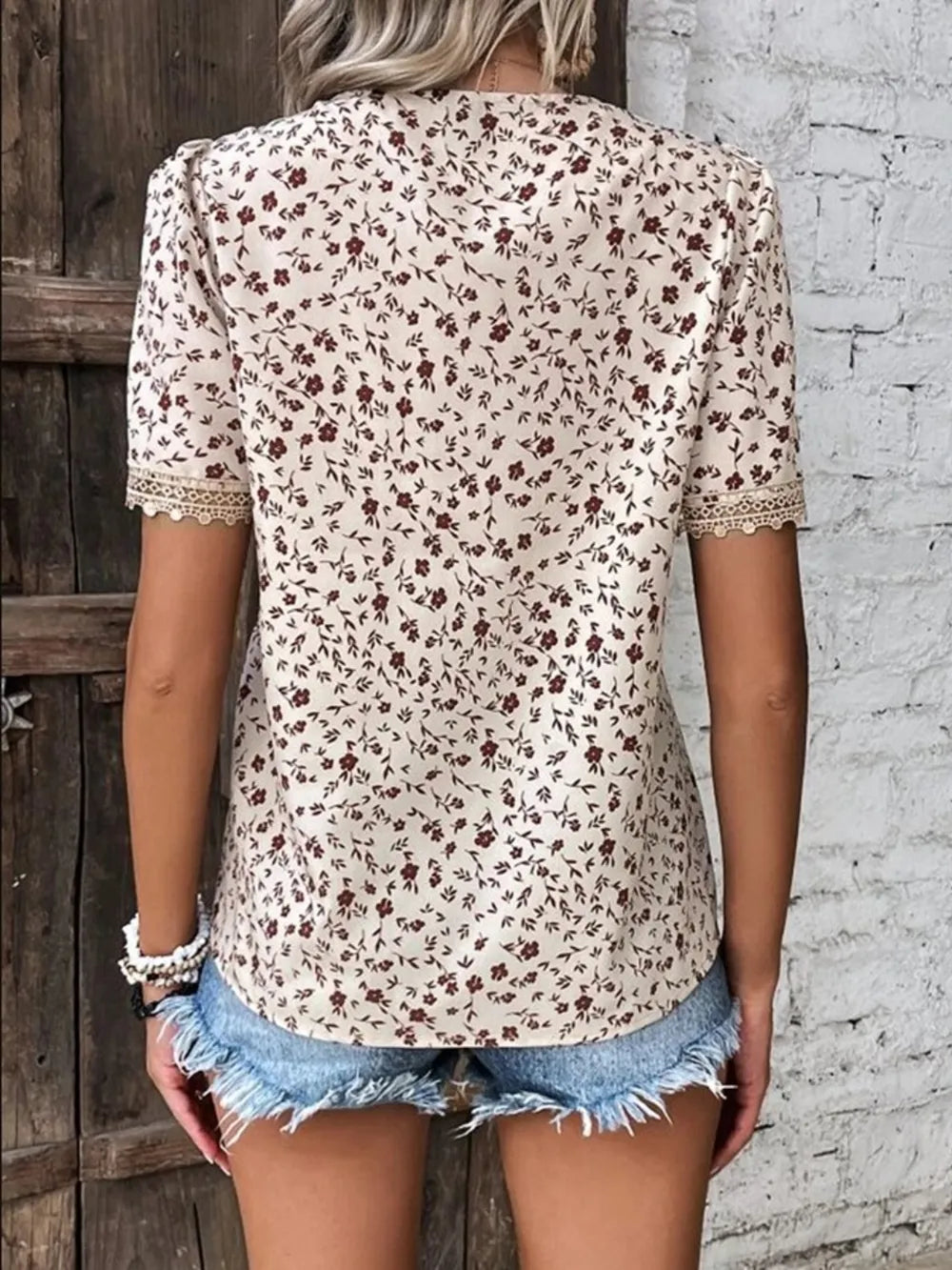 Women's V-neck lace casual solid color shirt