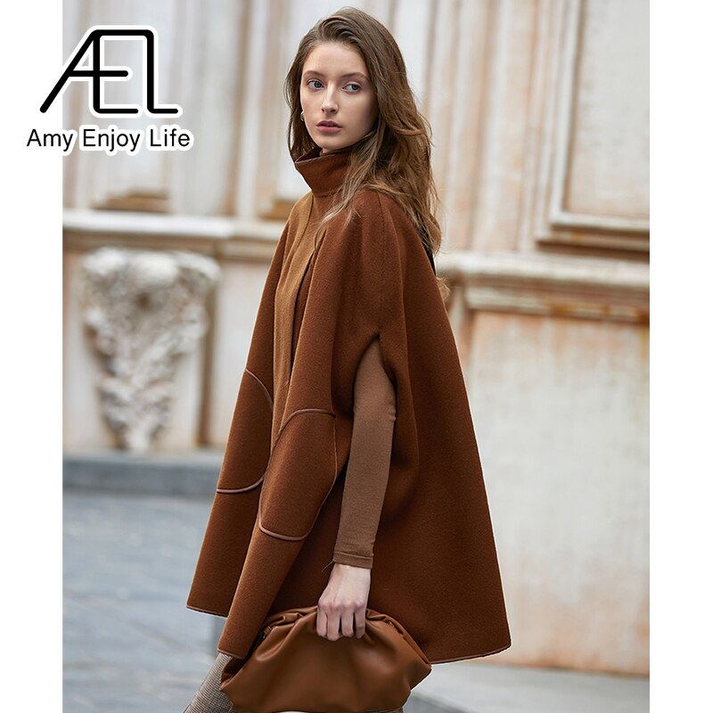 Manteau d'hiver en laine AEL pour femme, poncho chaud, cape, manteau long, vêtement d'extérieur, châle décontracté