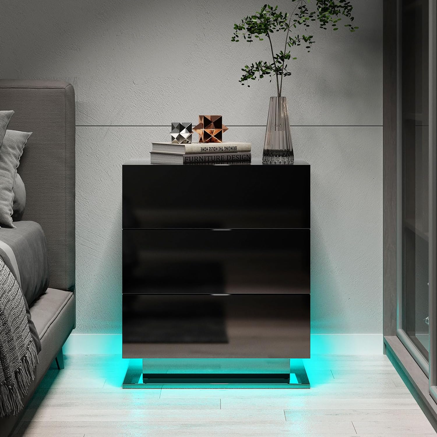 Table de chevet avec 3 tiroirs de rangement, lumières LED, table d'appoint pour chambre à coucher