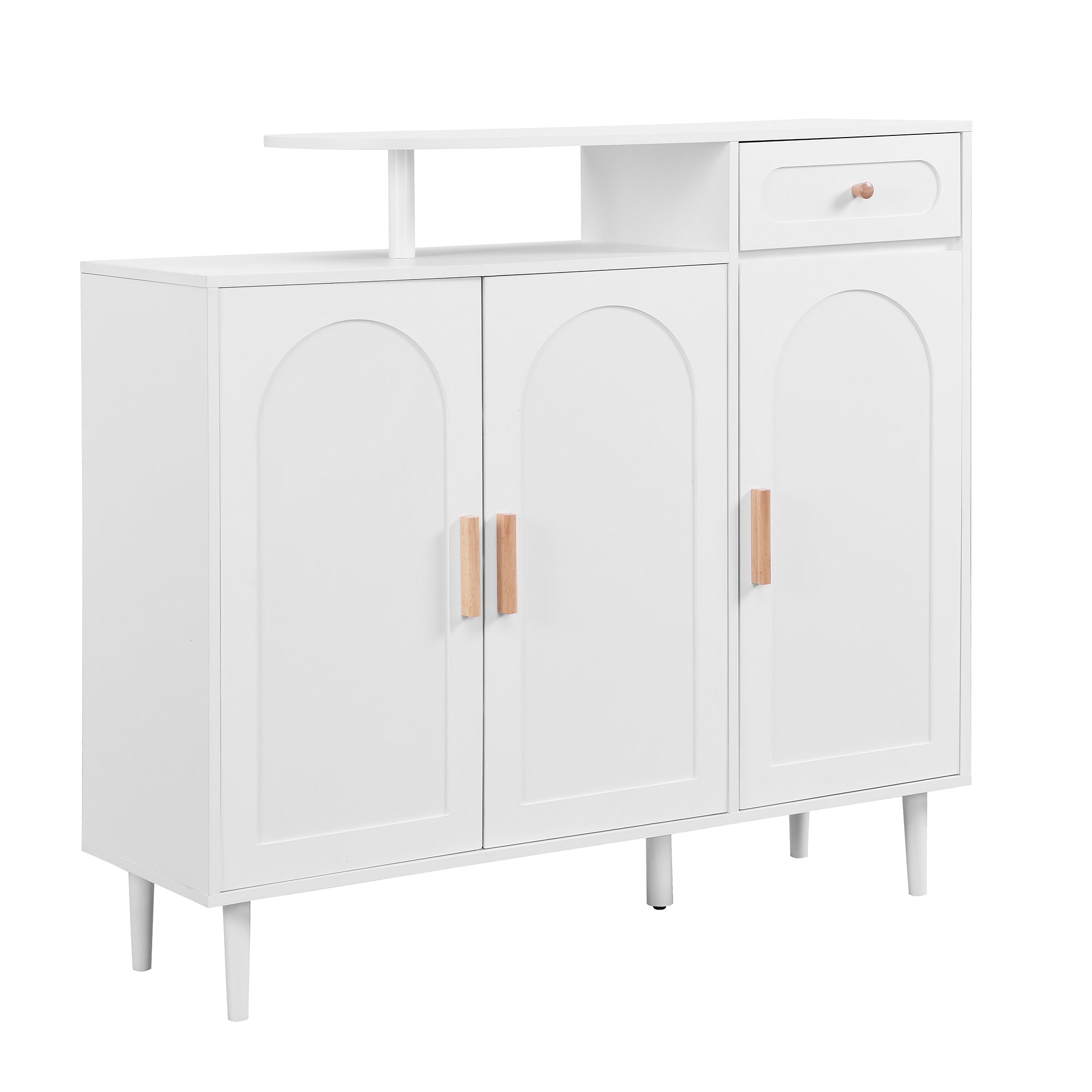 Meuble à chaussures élégant ON-TRANS avec portes et tiroirs cintrés, panneaux latéraux de rangement, étagères réglables et pieds en bois massif, blanc