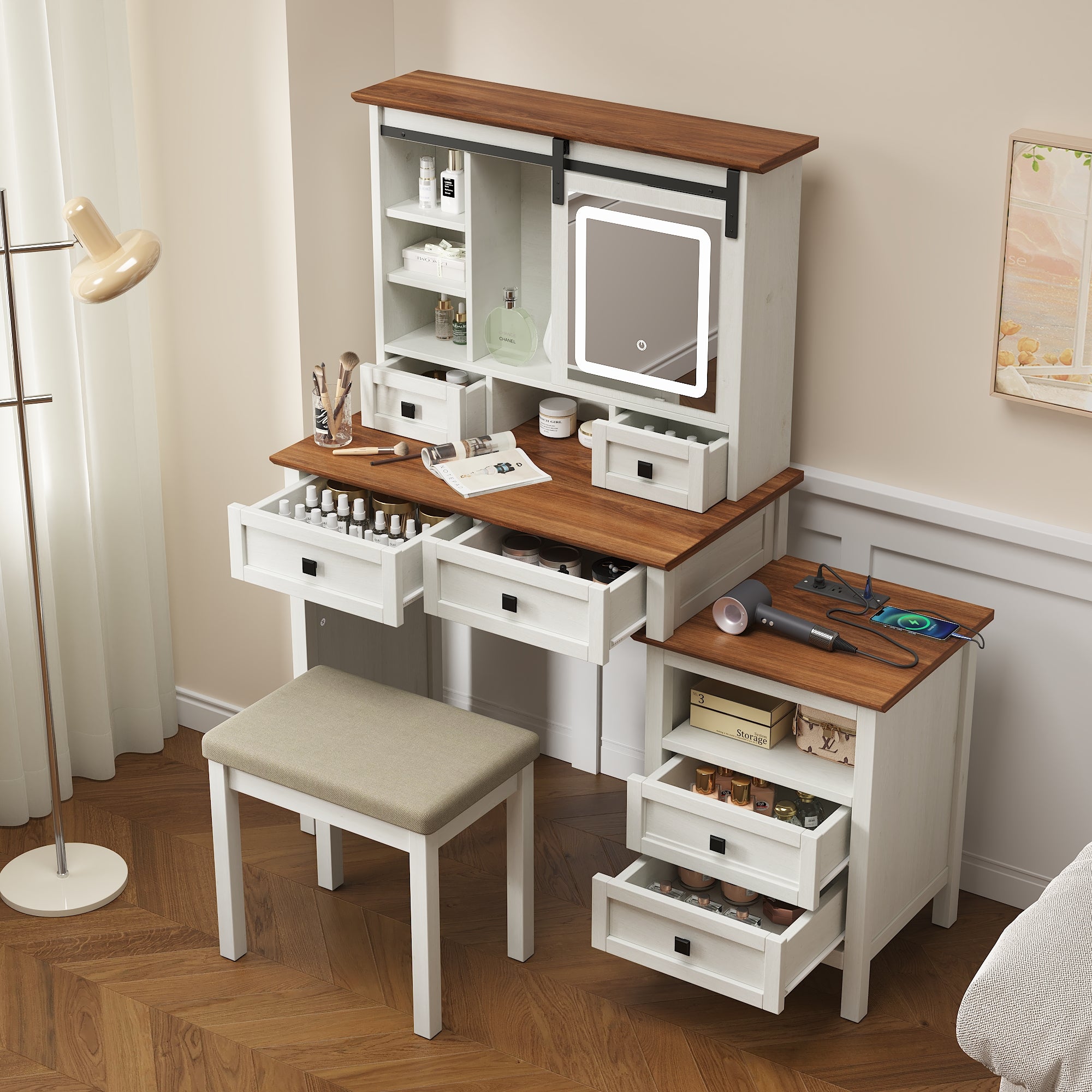 Coiffeuse de 46,5 pouces avec miroir à éclairage LED réglable et station de charge, équipée d'un tabouret rembourré moelleux