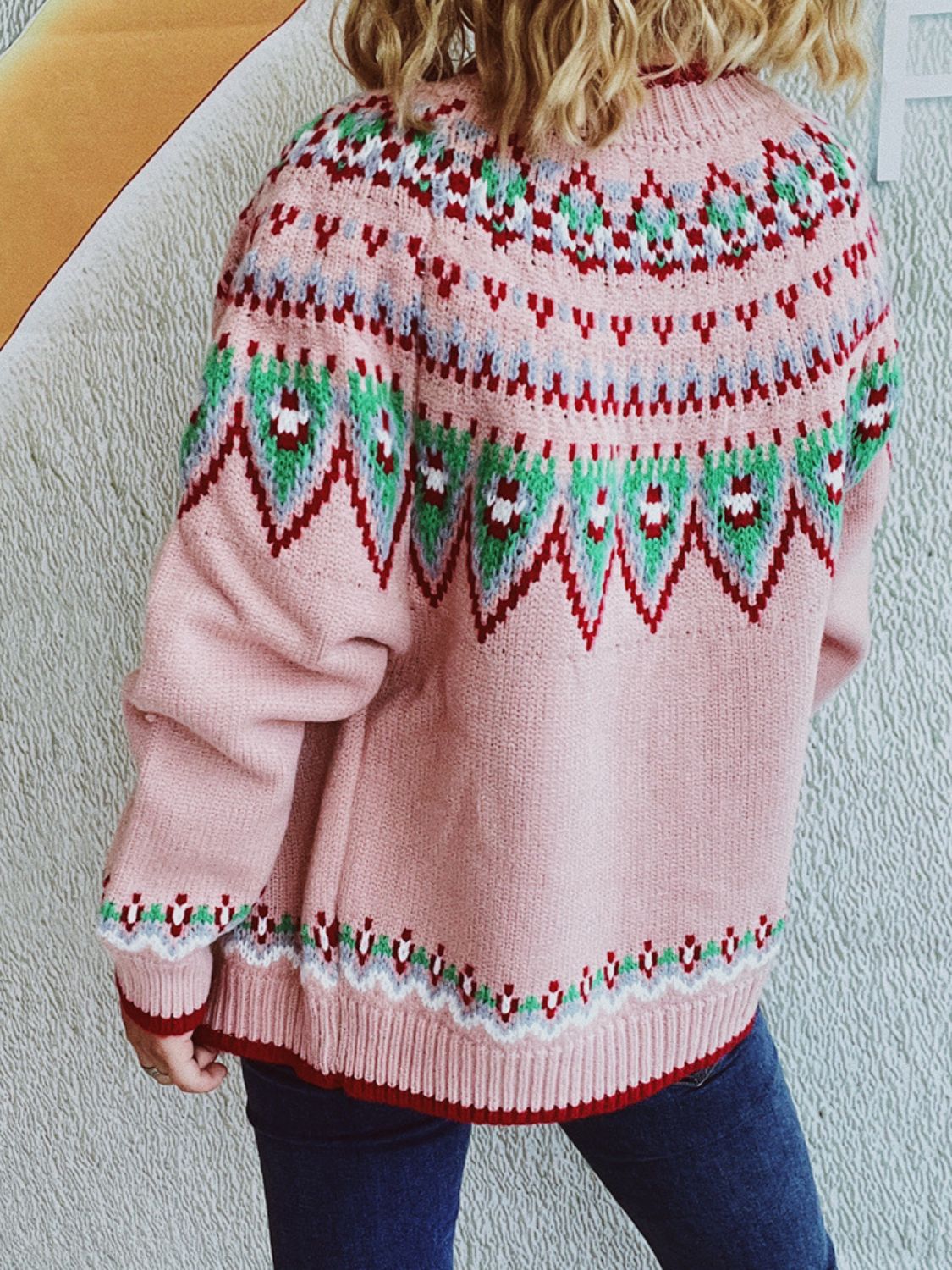 Cardigan à manches longues et col rond à motif géométrique contrasté