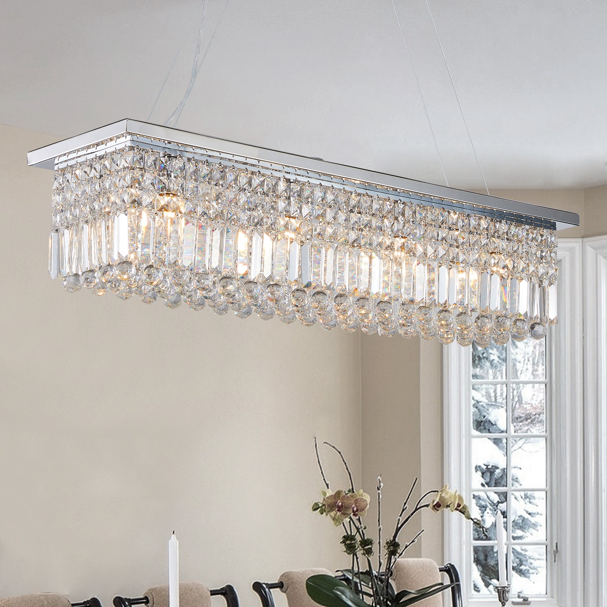Lustre moderne en cristal pour salle à manger, 8 lumières, forme rectangulaire, blanc, forme goutte d'eau (L 99,4 x l 24,9 x H 22,1 cm) (ampoule non incluse)