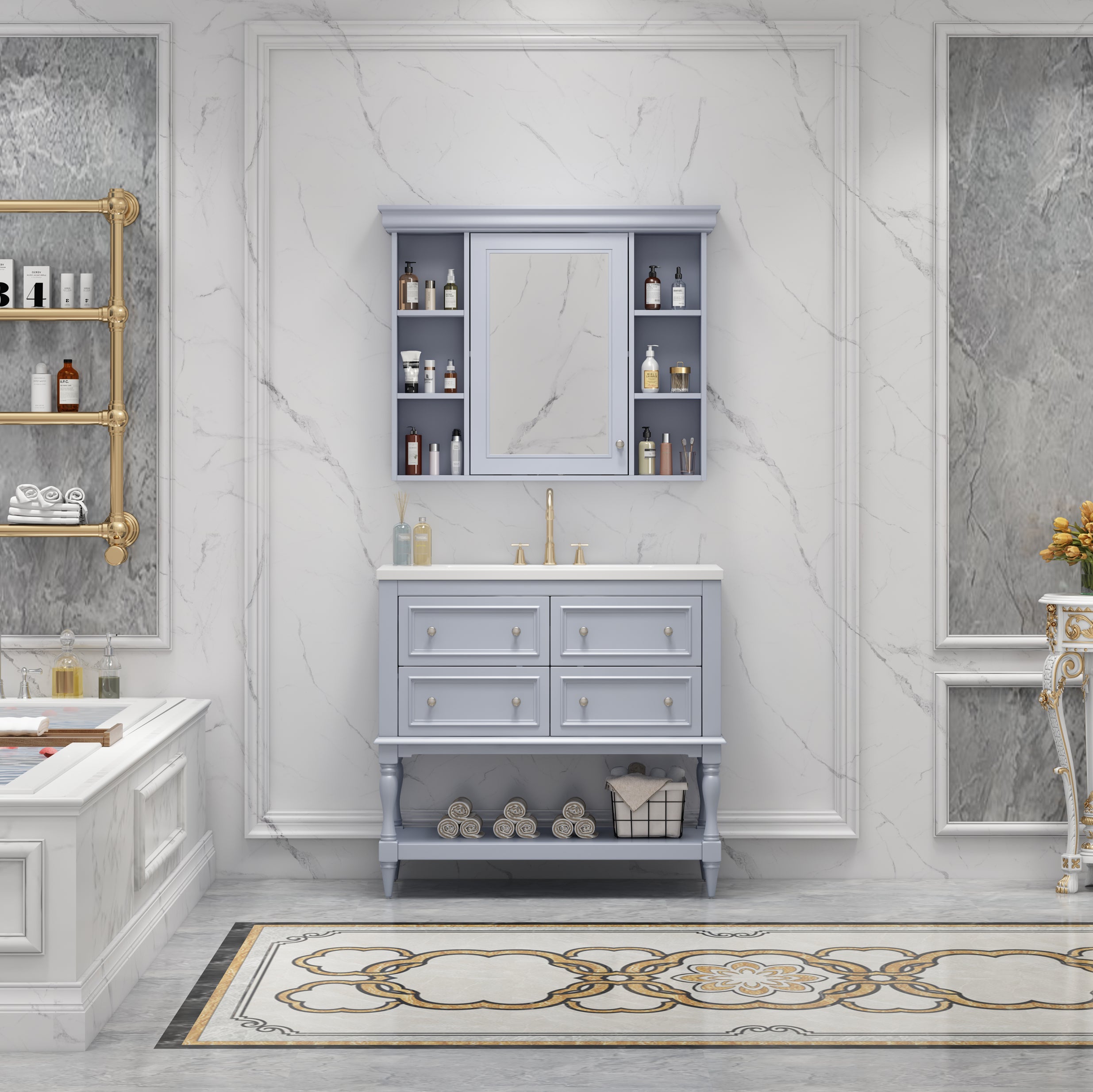Meuble-lavabo de salle de bain 36'' avec armoire à pharmacie, armoire à miroir moderne avec étagère réglable, meuble de rangement de salle de bain avec 4 tiroirs