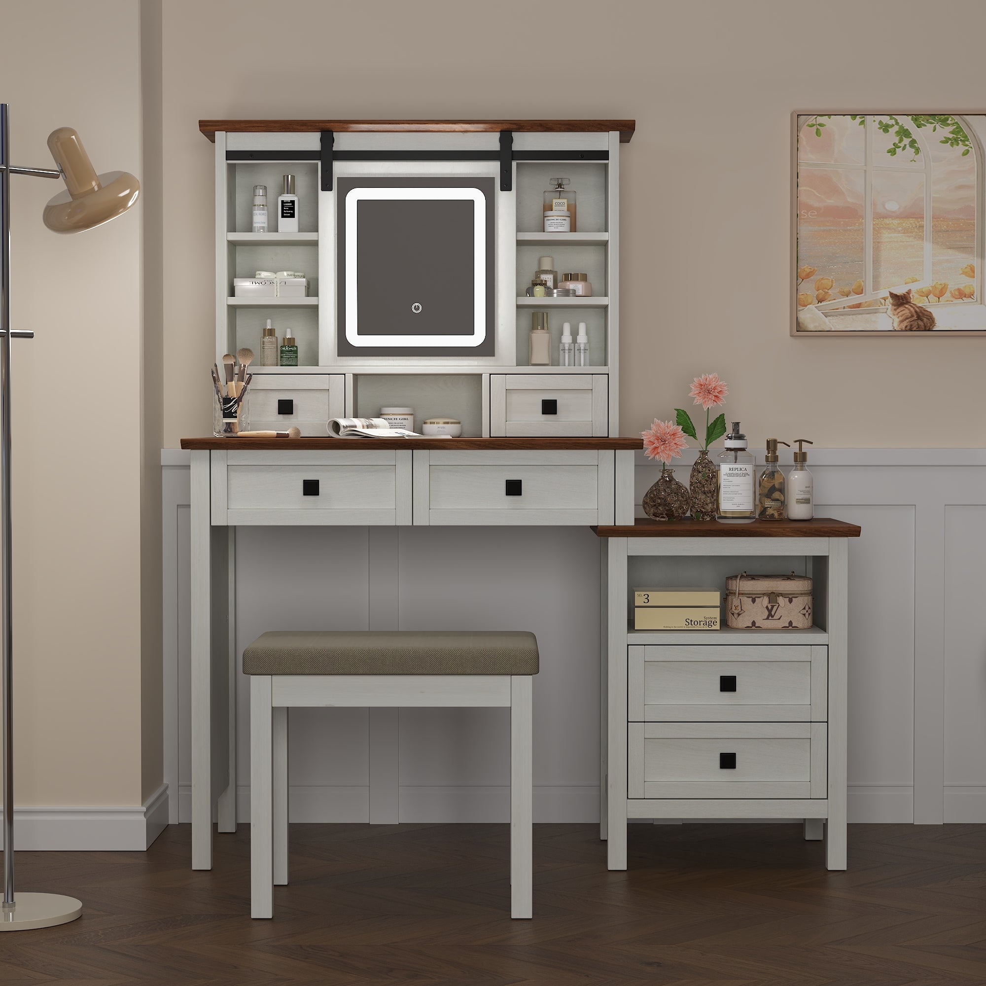 Coiffeuse de 46,5 pouces avec miroir à éclairage LED réglable et station de charge, équipée d'un tabouret rembourré moelleux