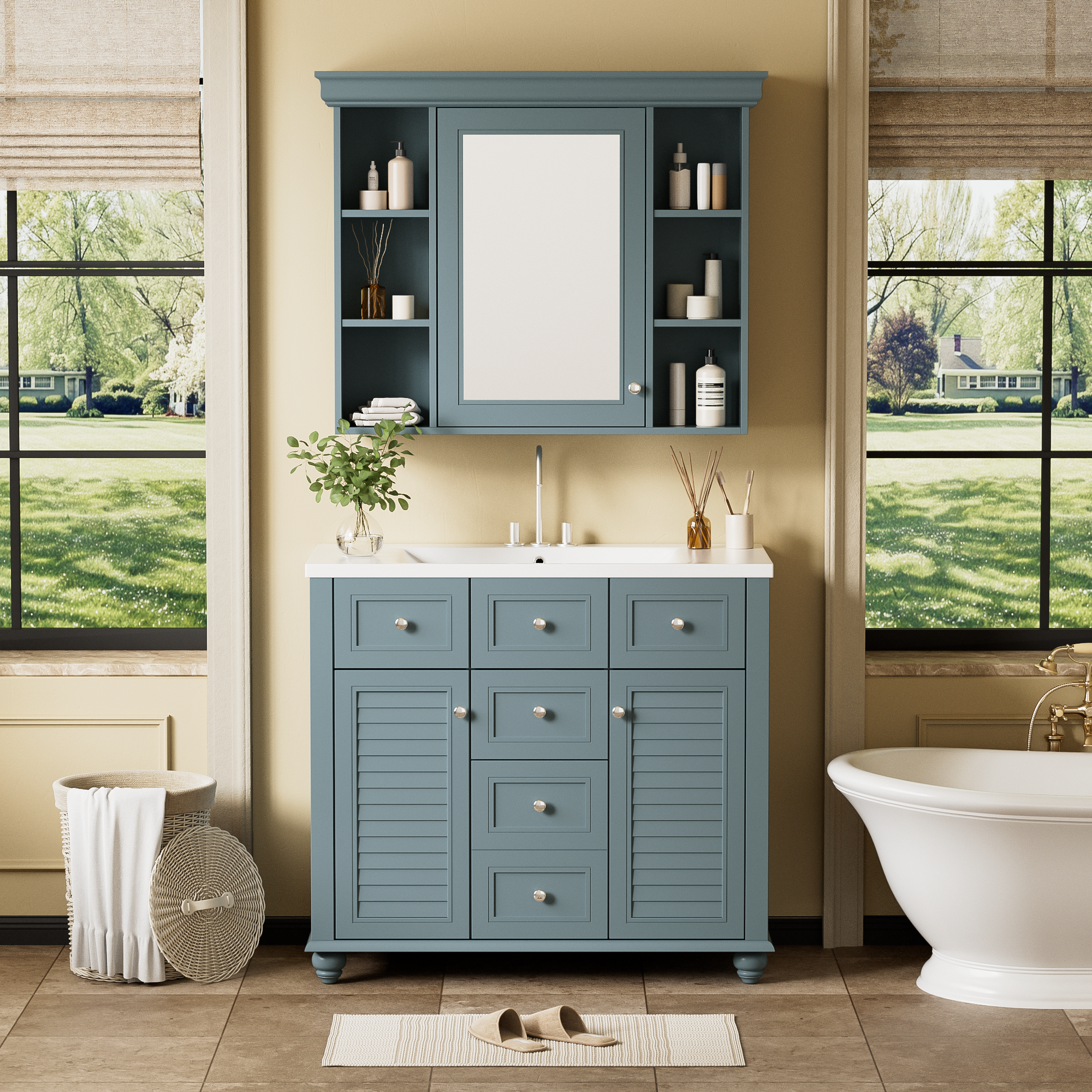 Armoire à miroir moderne de 36 pouces avec étagères réglables, 2 portes à fermeture douce et 6 organisateurs de portes d'armoire de rangement à tiroirs