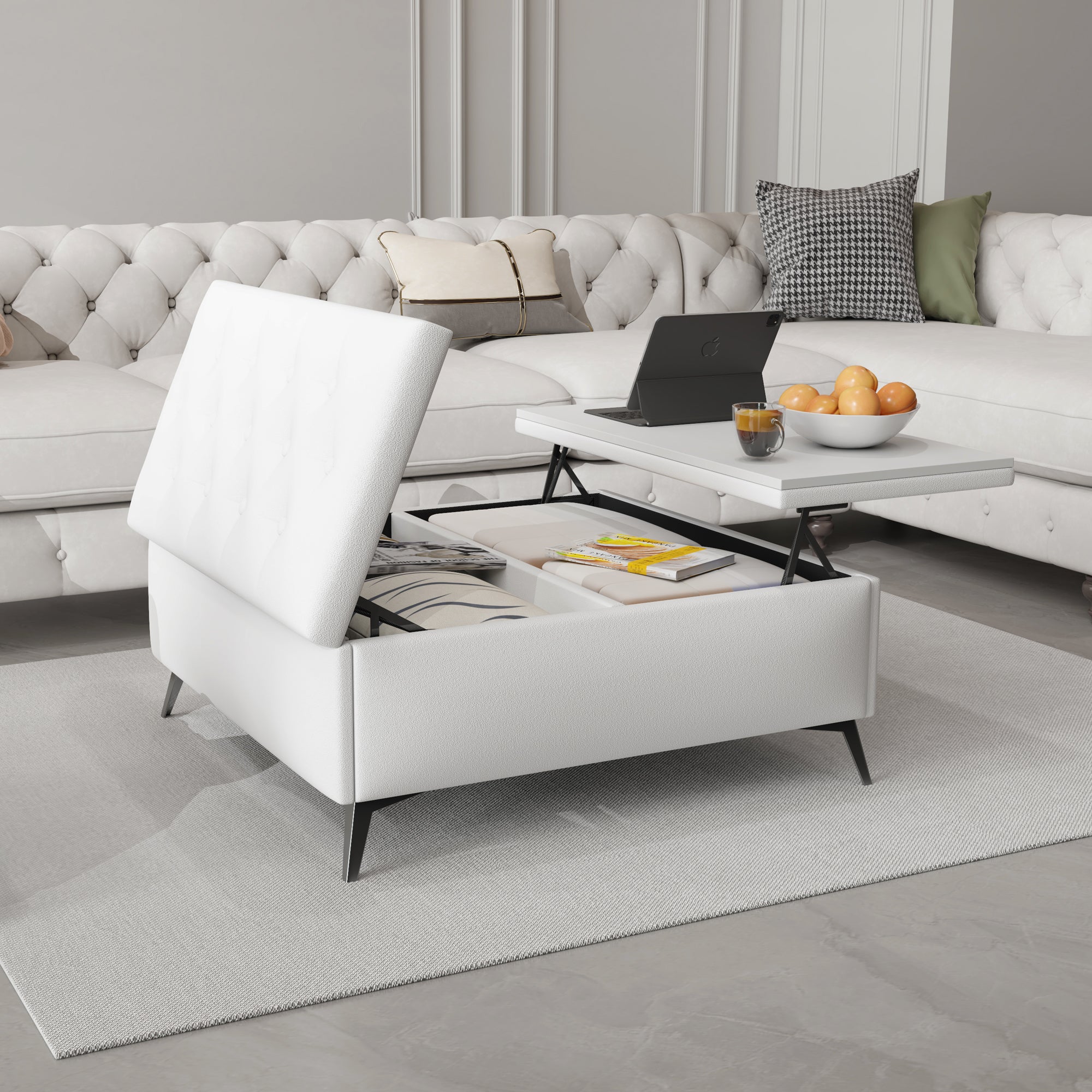 Banc de rangement carré de 35 pouces de large, table basse avec plateau relevable, ottoman de rangement surdimensionné rembourré pour le salon
