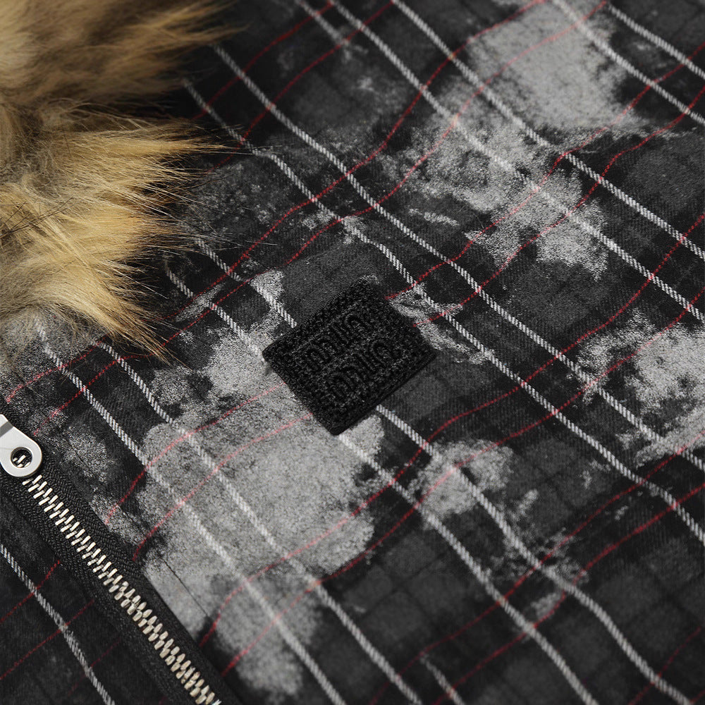 Street Style Men's Cotton Coat with Hood and Fur Collar, Plaid Design, Casual Loose Fit Outerwear