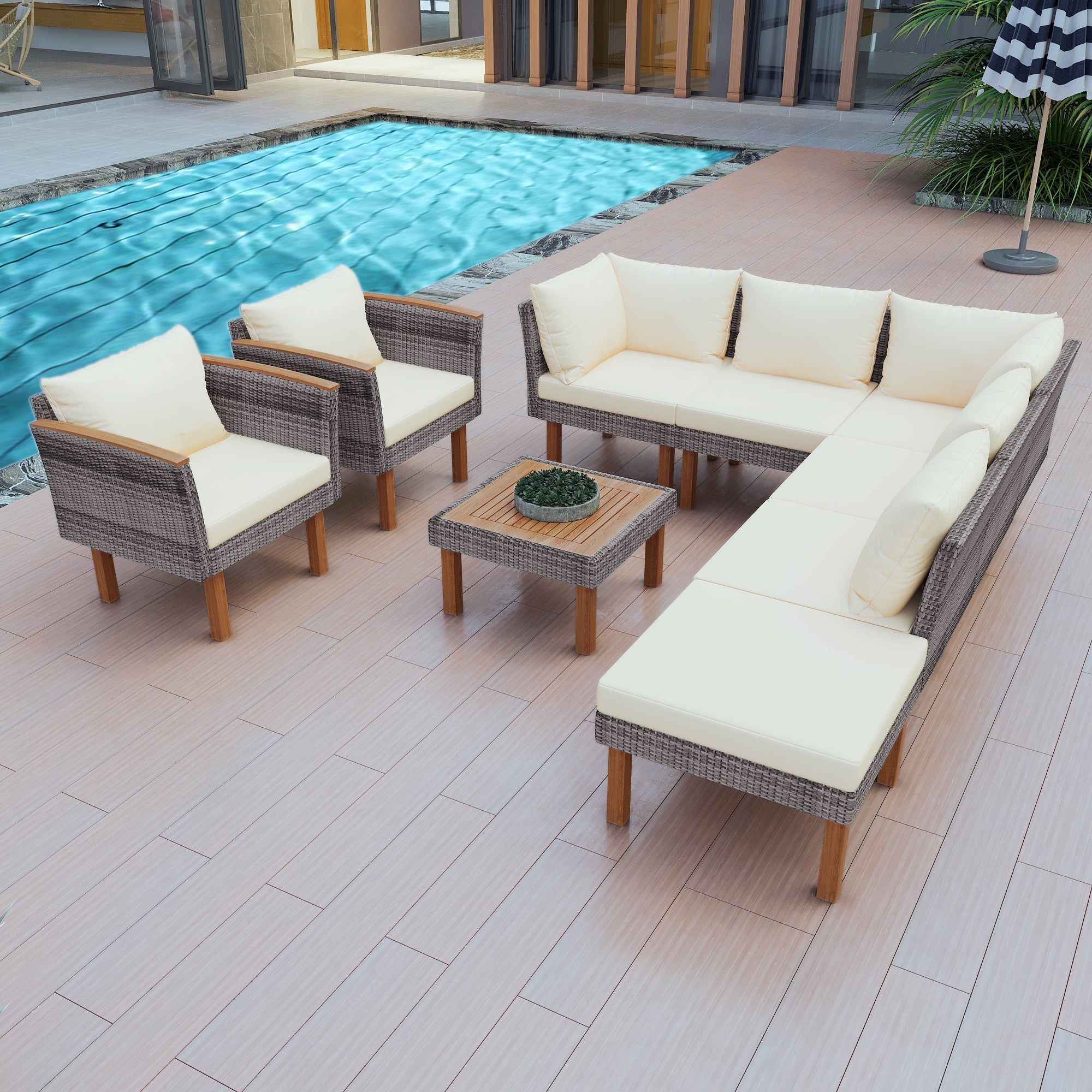 Ensemble de meubles de patio en rotin 9 pièces avec pieds en bois d'acacia et ensemble de canapé de table, table basse coussin lavable beige