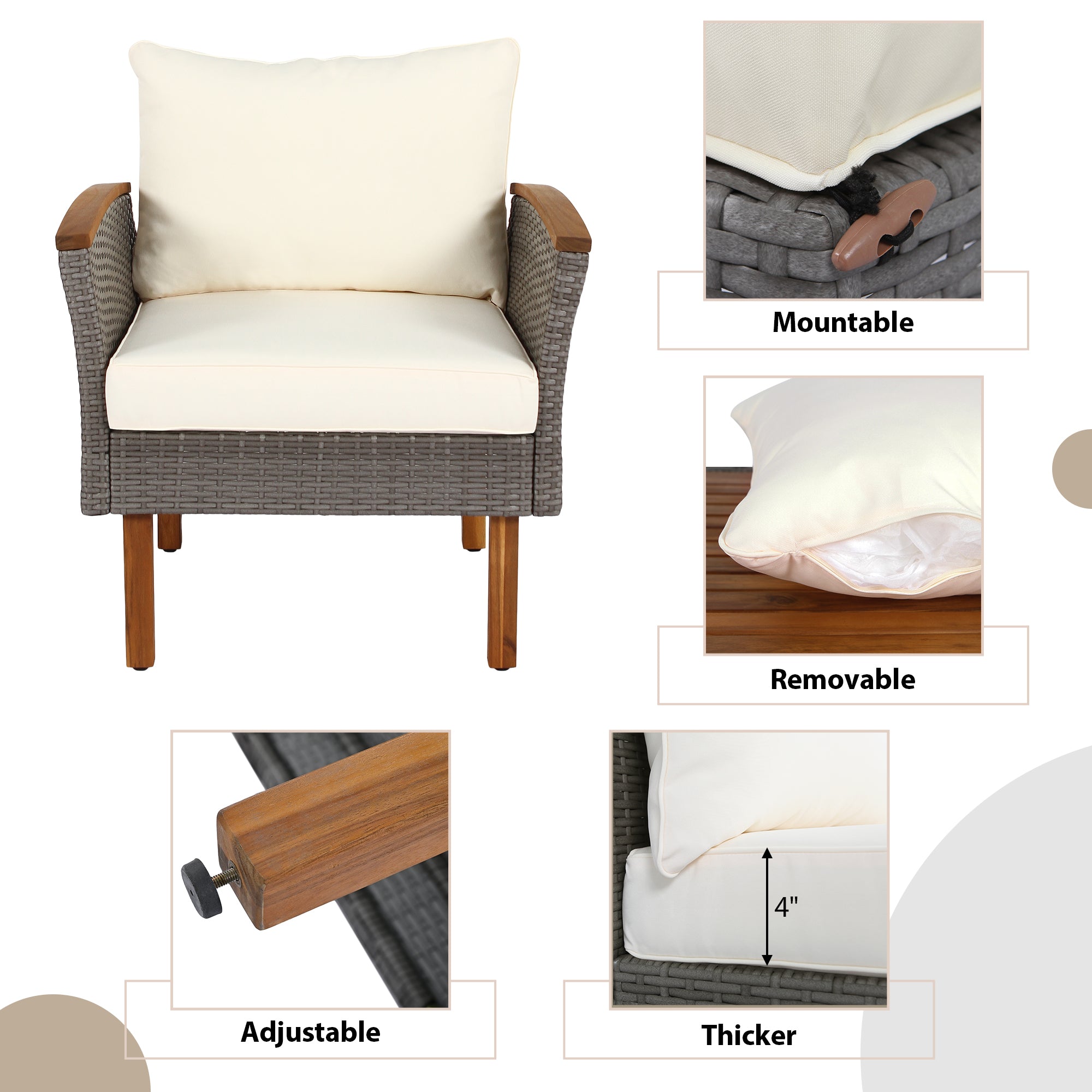 Ensemble de meubles de patio en rotin 9 pièces avec pieds en bois d'acacia et ensemble de canapé de table, table basse coussin lavable beige