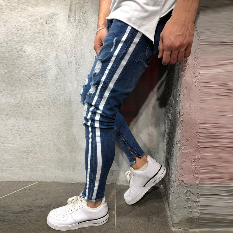 Jean déchiré à rayures latérales, mode streetwear, pantalon skinny extensible pour homme, slim, décontracté, en denim