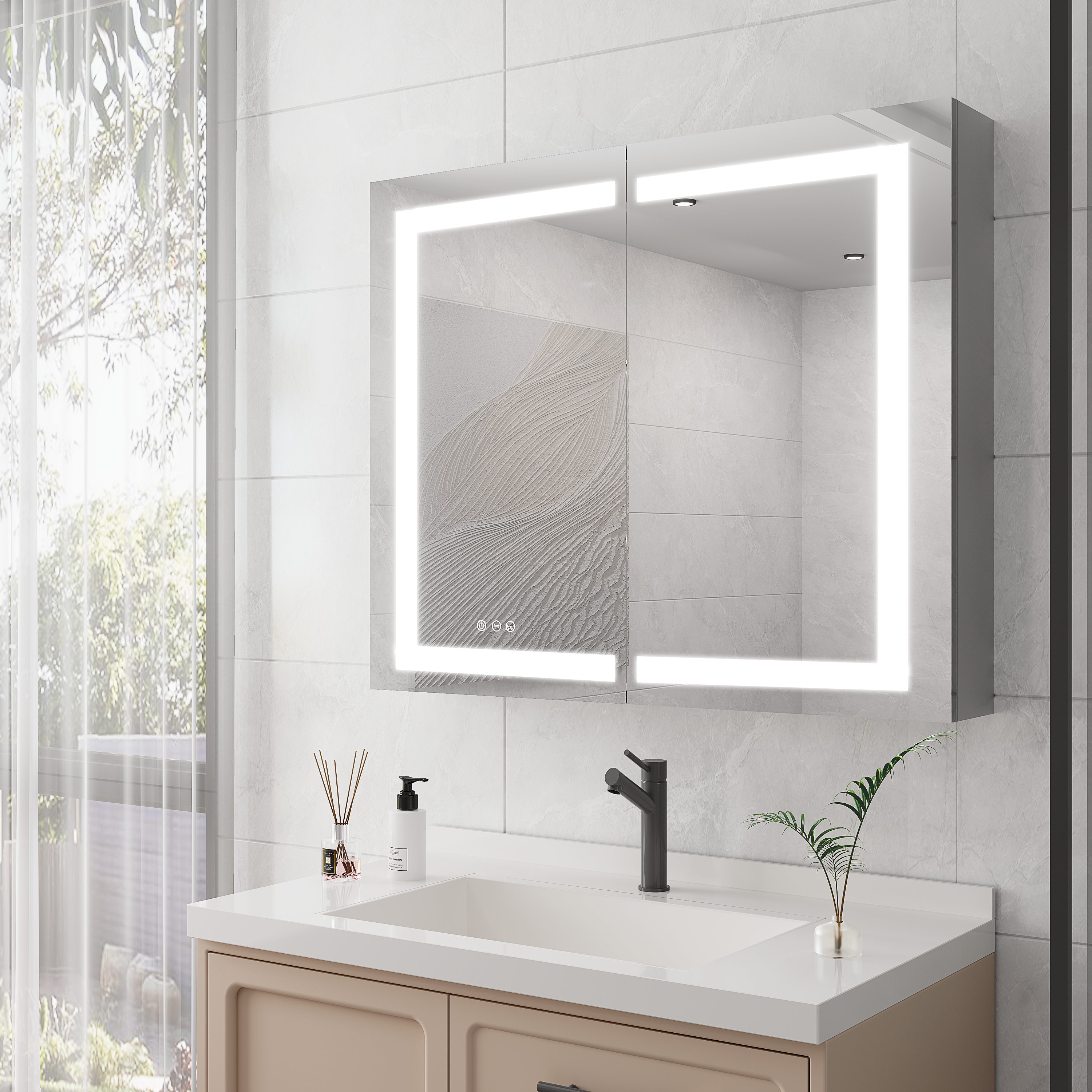 Armoire à pharmacie 36 x 30 pouces avec miroir de courtoisie à LED, antibuée, encastrée ou en saillie, étanche, à intensité variable, en aluminium, avec éclairage 3000 K ~ 6000 K, double porte et interrupteur tactile.