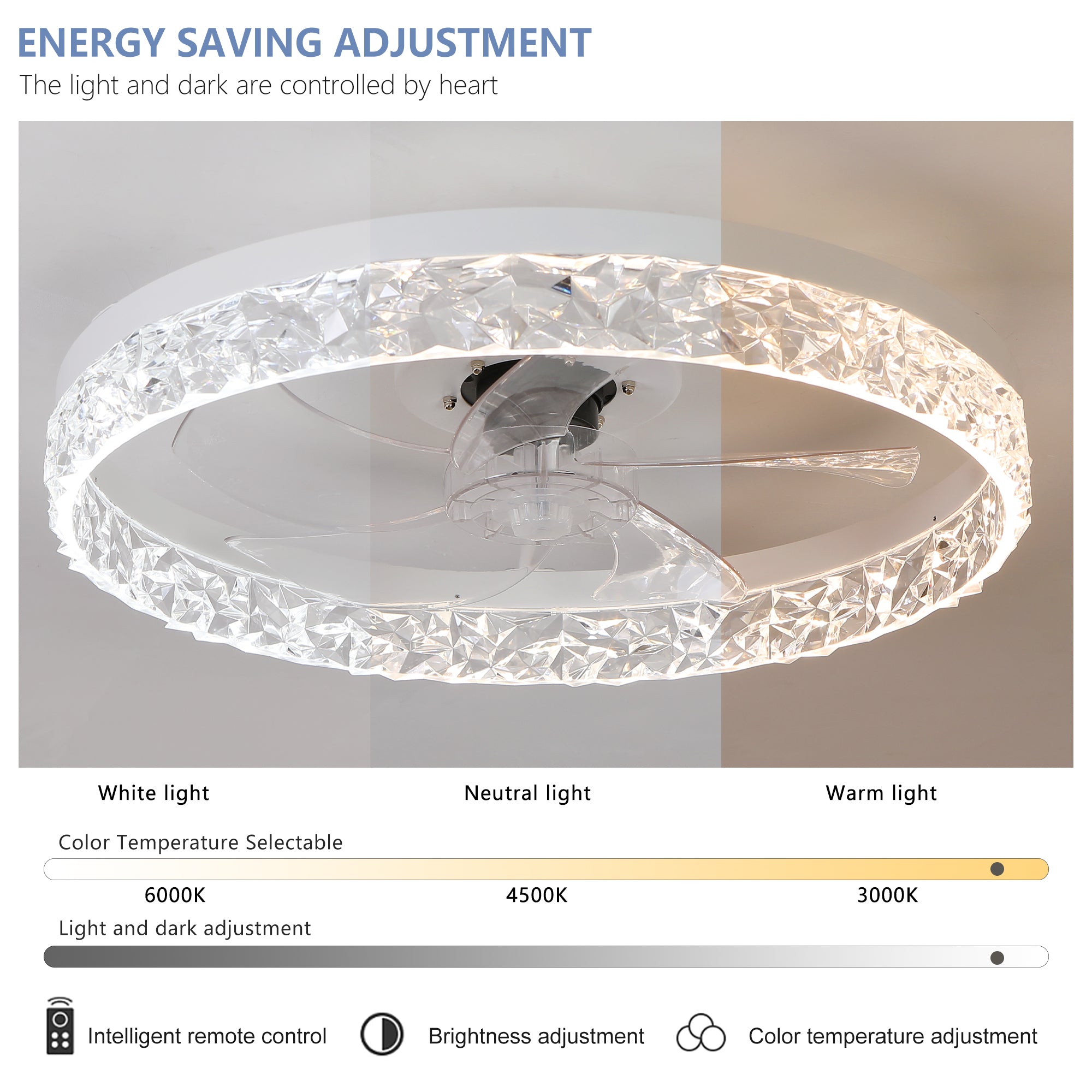 Ventilateur de plafond moderne en acrylique avec télécommande, suspension LED à intensité variable, réglable à 6 vitesses, moteur silencieux