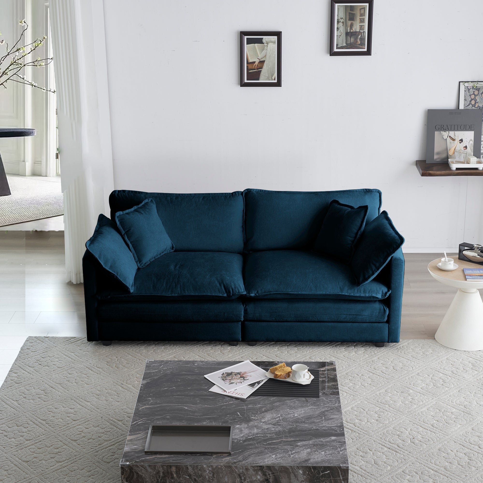 Canapé causeuse moderne en tissu pour salon, canapé 2 places rembourré, grande taille, siège profond, avec 4 oreillers, chenille bleue