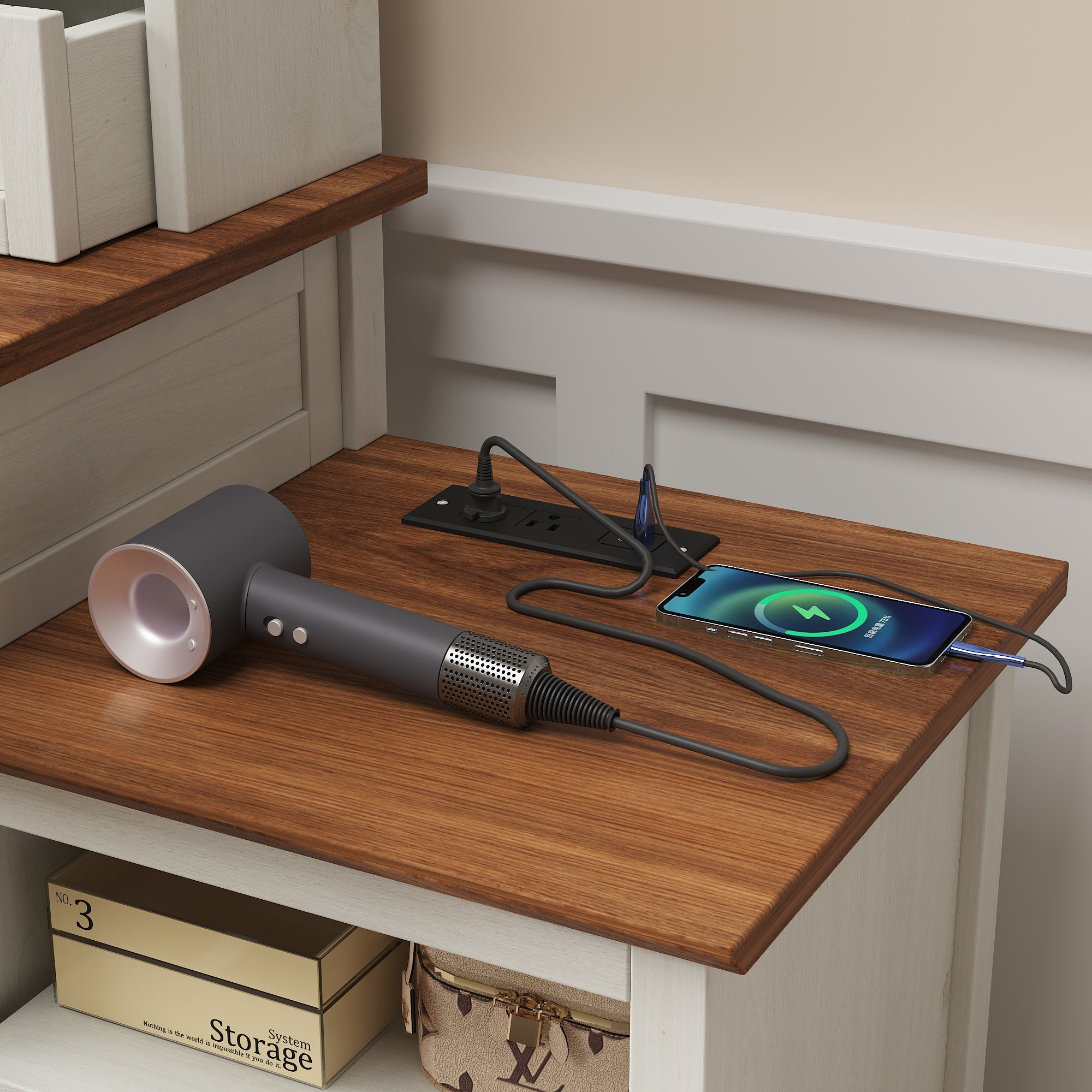 Coiffeuse de 46,5 pouces avec miroir à éclairage LED réglable et station de charge, équipée d'un tabouret rembourré moelleux