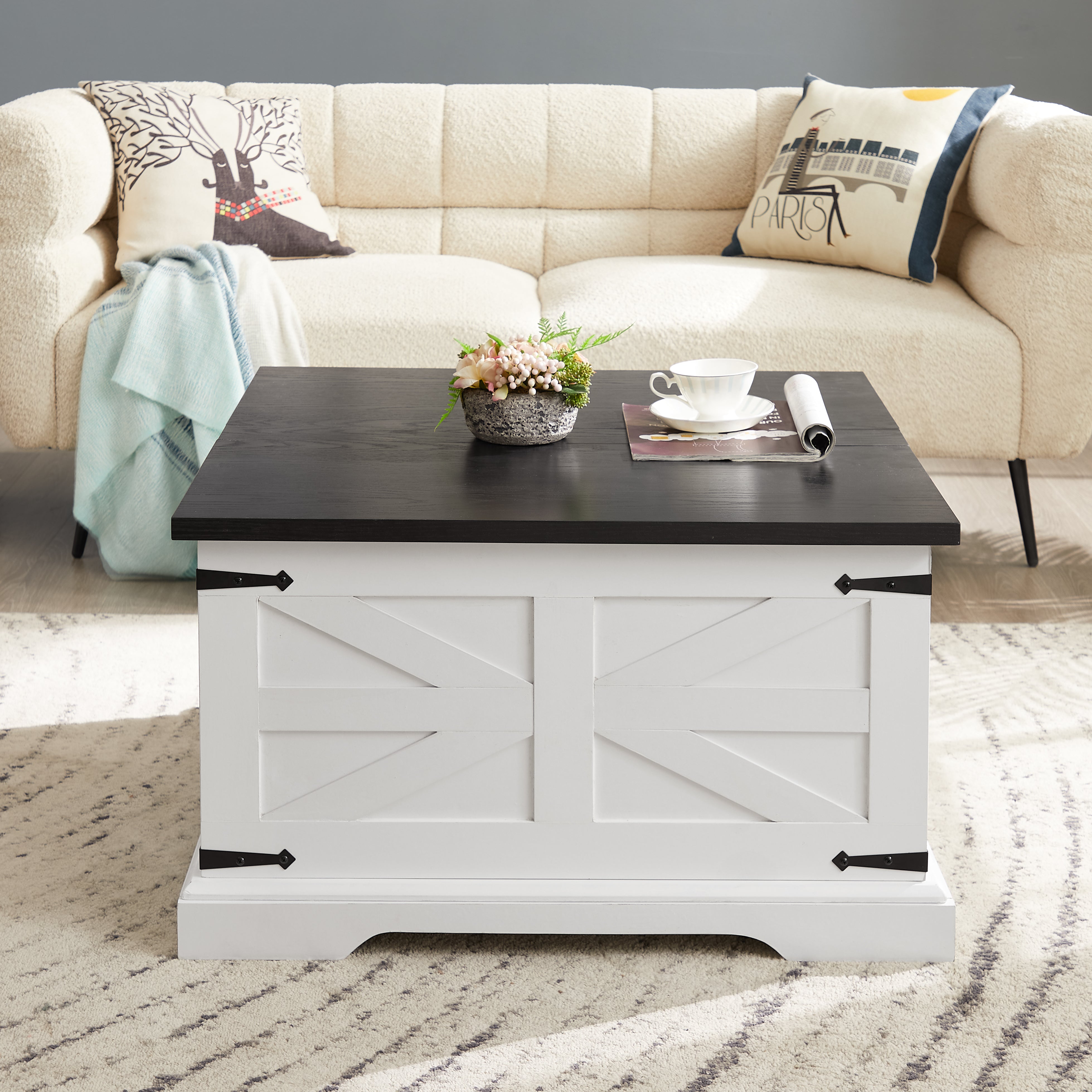 Table basse et table d'appoint de style ferme Table centrale de style grange Table de cocktail rustique avec plateau relevable à charnière et table d'appoint